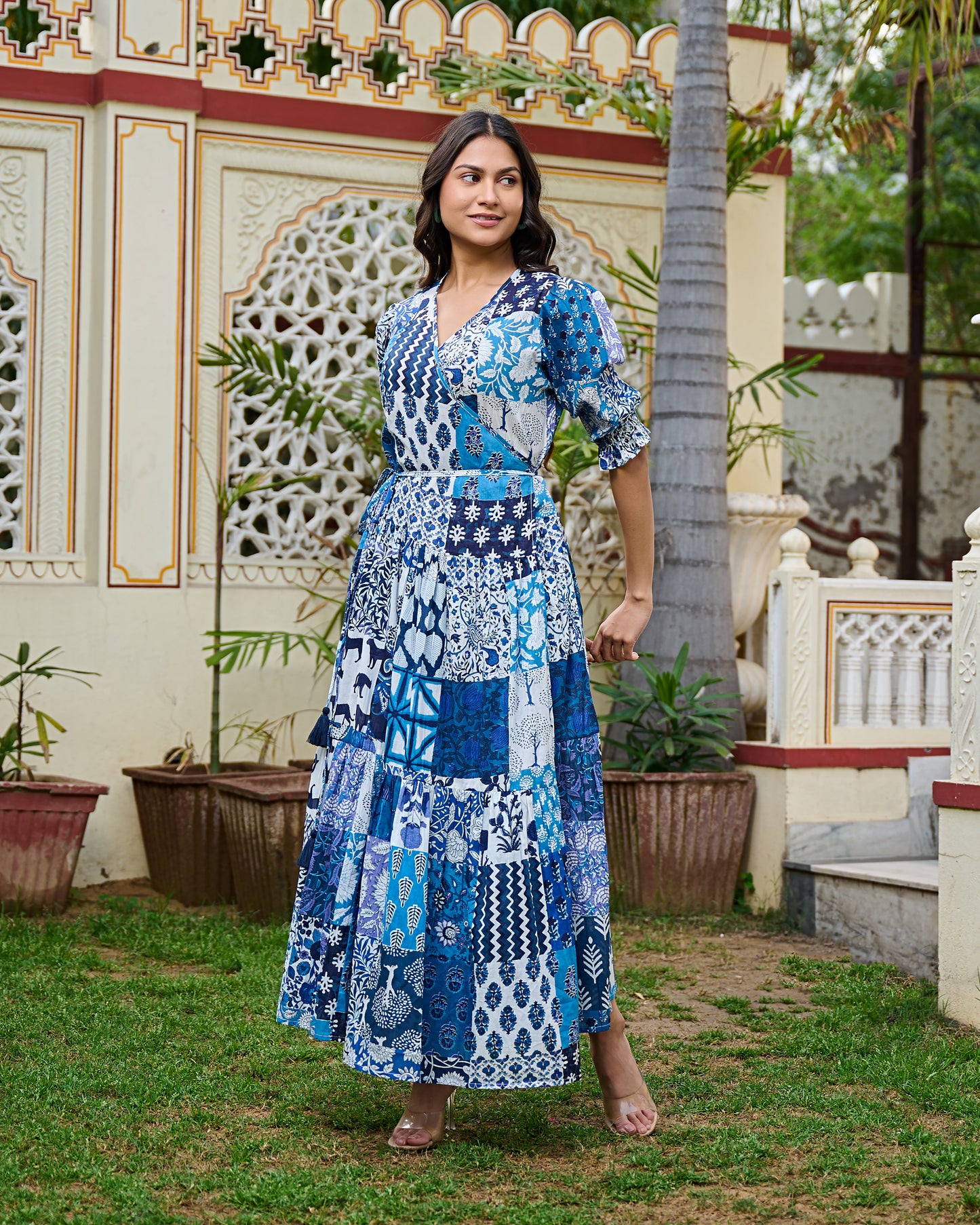 Boho Patchwork Cotton Maxi Dress Handcrafted Wrap Dress with 3/4 Sleeves