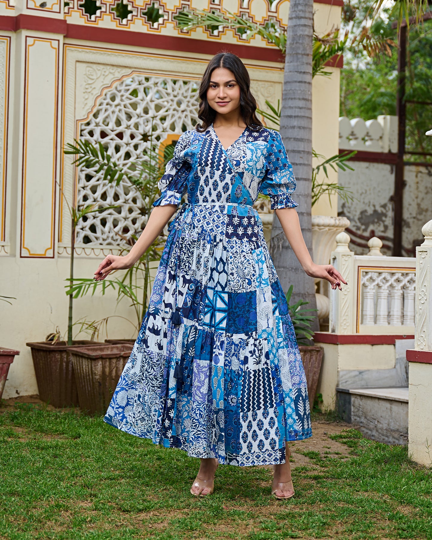 Boho Patchwork Cotton Maxi Dress Handcrafted Wrap Dress with 3/4 Sleeves