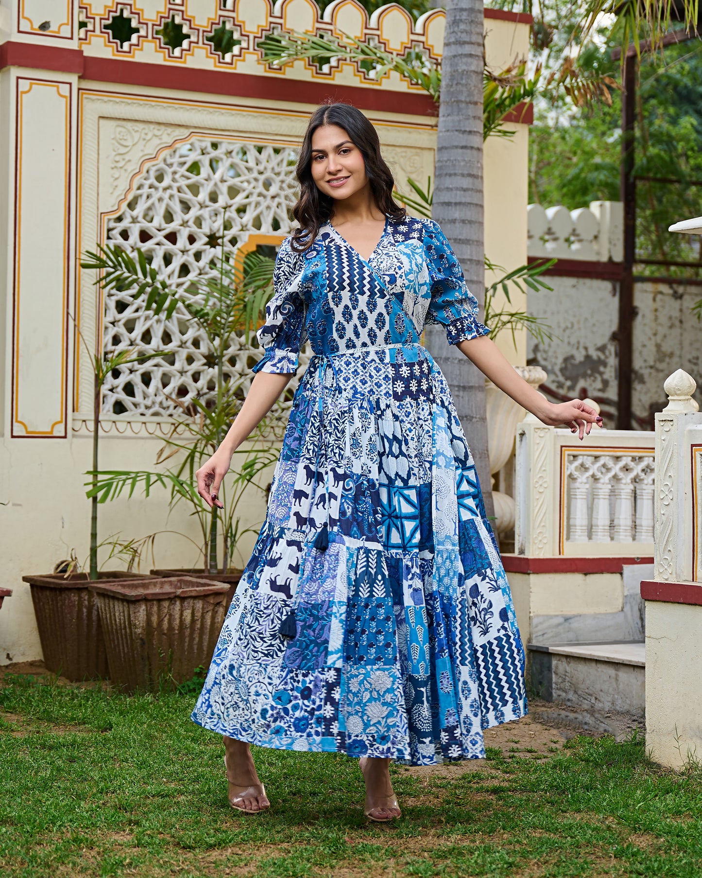 Boho Patchwork Cotton Maxi Dress Handcrafted Wrap Dress with 3/4 Sleeves