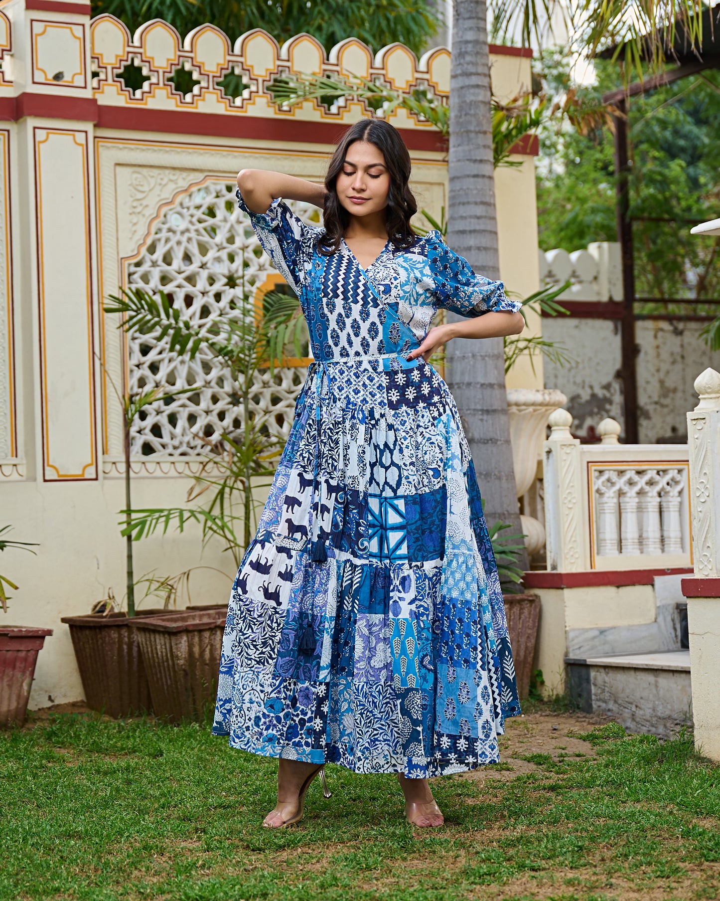 Boho Patchwork Cotton Maxi Dress Handcrafted Wrap Dress with 3/4 Sleeves
