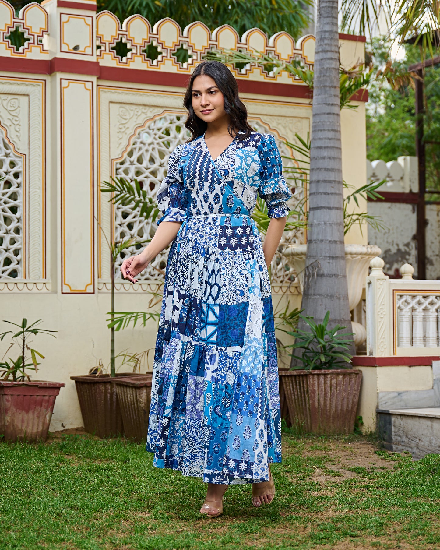 Boho Patchwork Cotton Maxi Dress Handcrafted Wrap Dress with 3/4 Sleeves