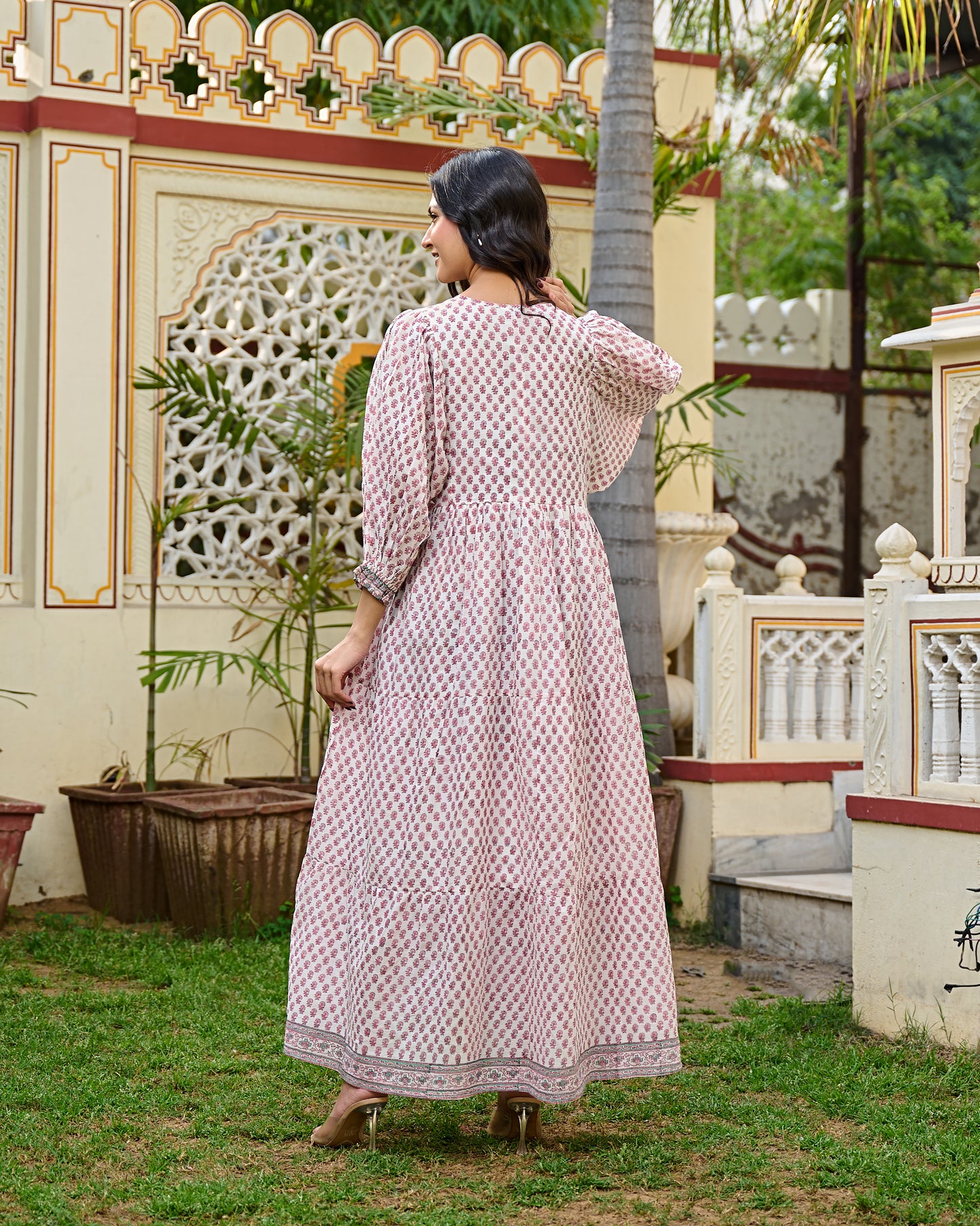 Hand Block Print Cotton Tiered Maxi Dress Boho Chic Dress with 3/4 Sleeves