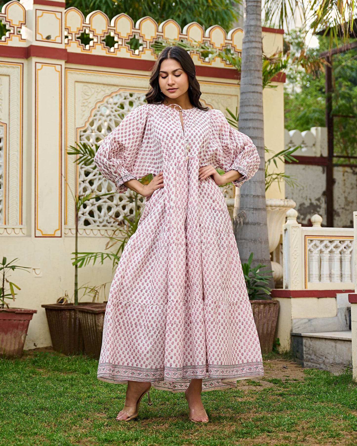 Hand Block Print Cotton Tiered Maxi Dress Boho Chic Dress with 3/4 Sleeves