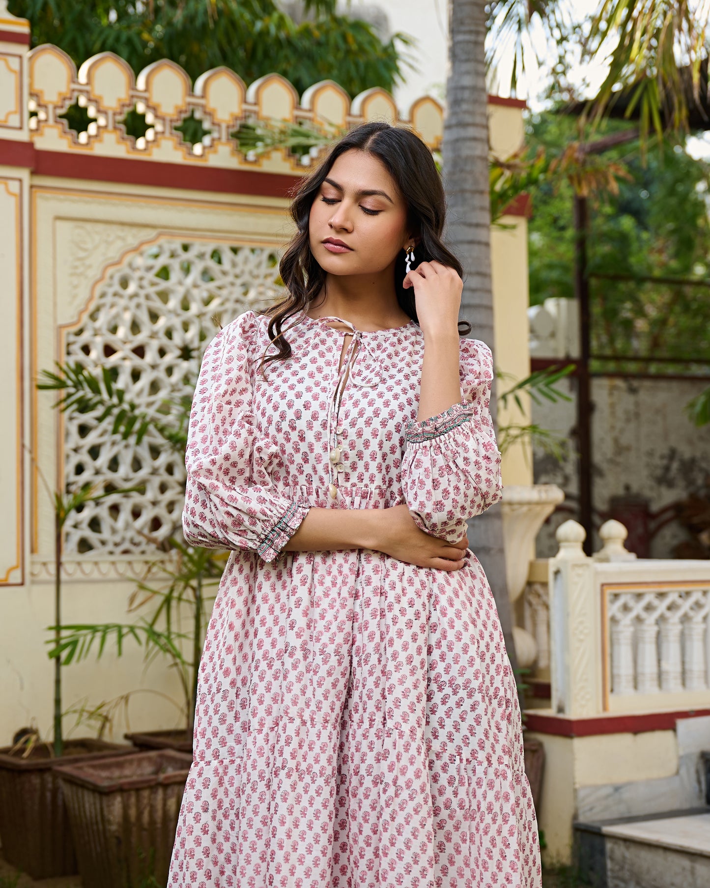 Hand Block Print Cotton Tiered Maxi Dress Boho Chic Dress with 3/4 Sleeves
