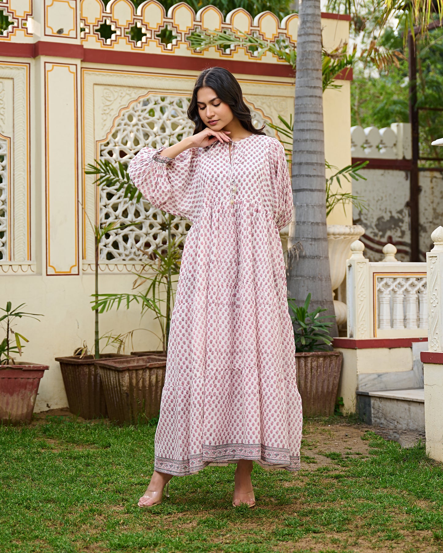 Hand Block Print Cotton Tiered Maxi Dress Boho Chic Dress with 3/4 Sleeves