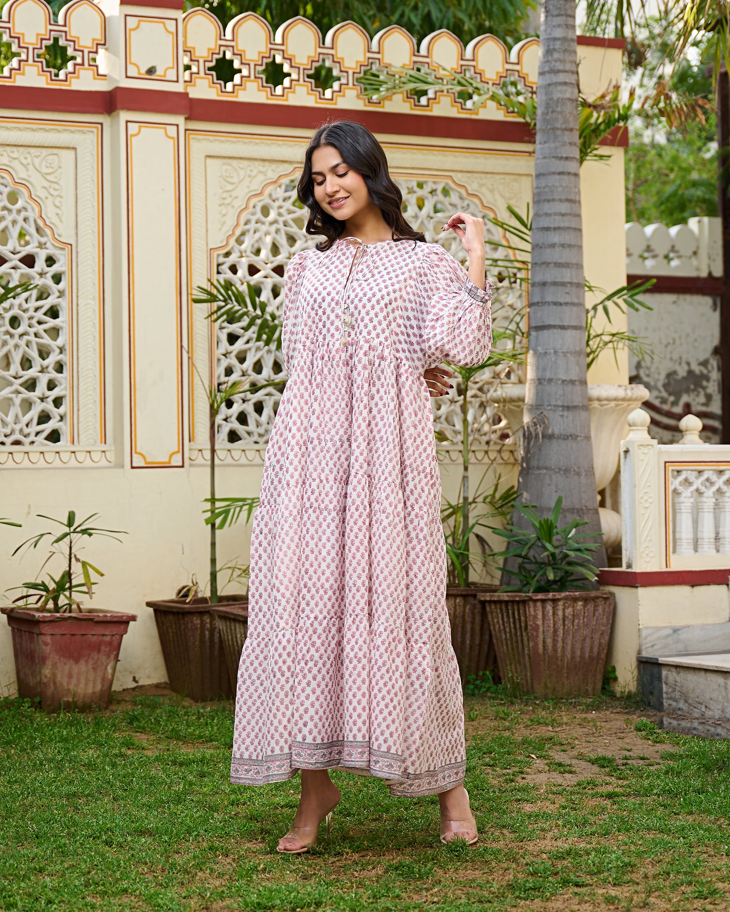 Hand Block Print Cotton Tiered Maxi Dress Boho Chic Dress with 3/4 Sleeves