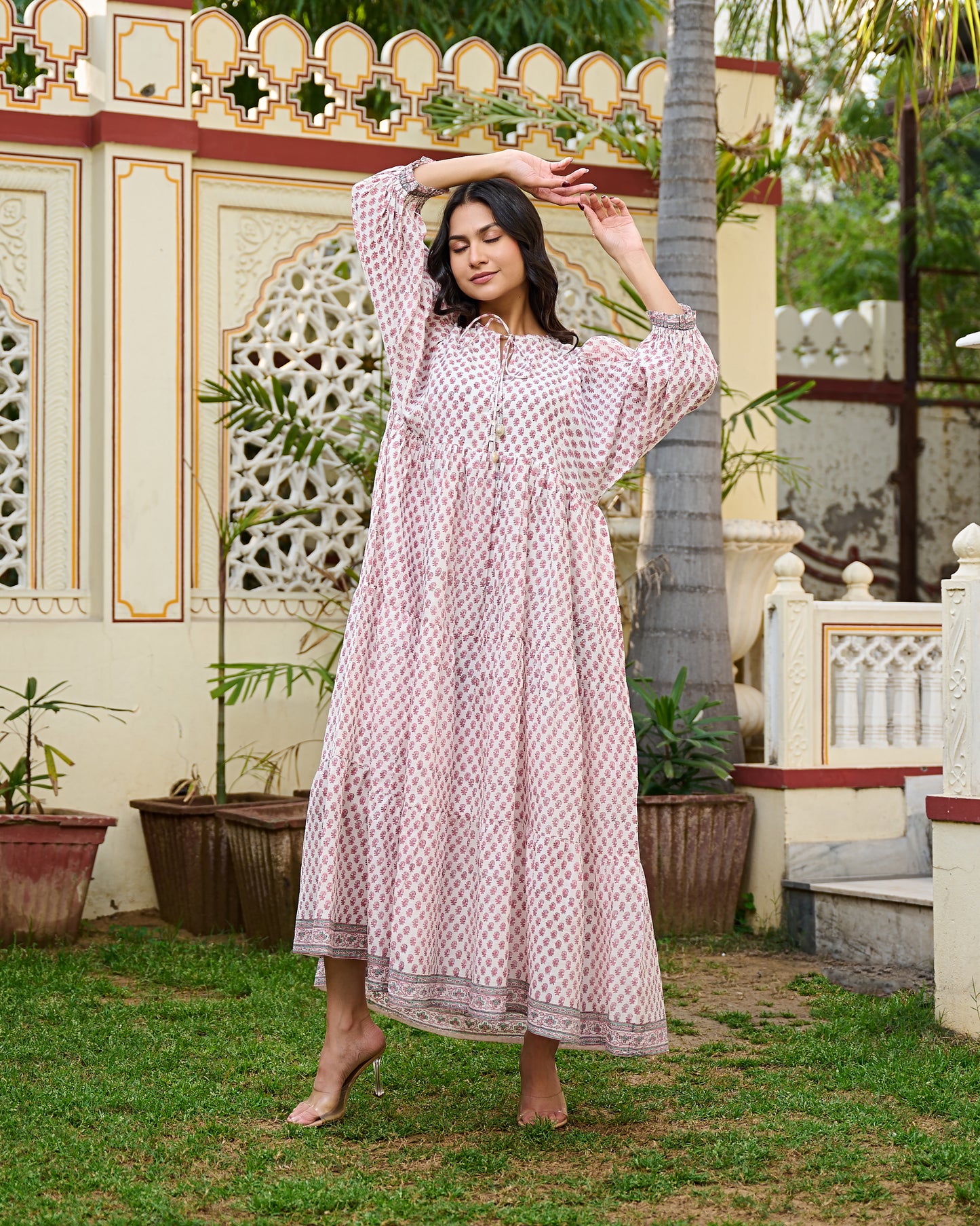 Hand Block Print Cotton Tiered Maxi Dress Boho Chic Dress with 3/4 Sleeves