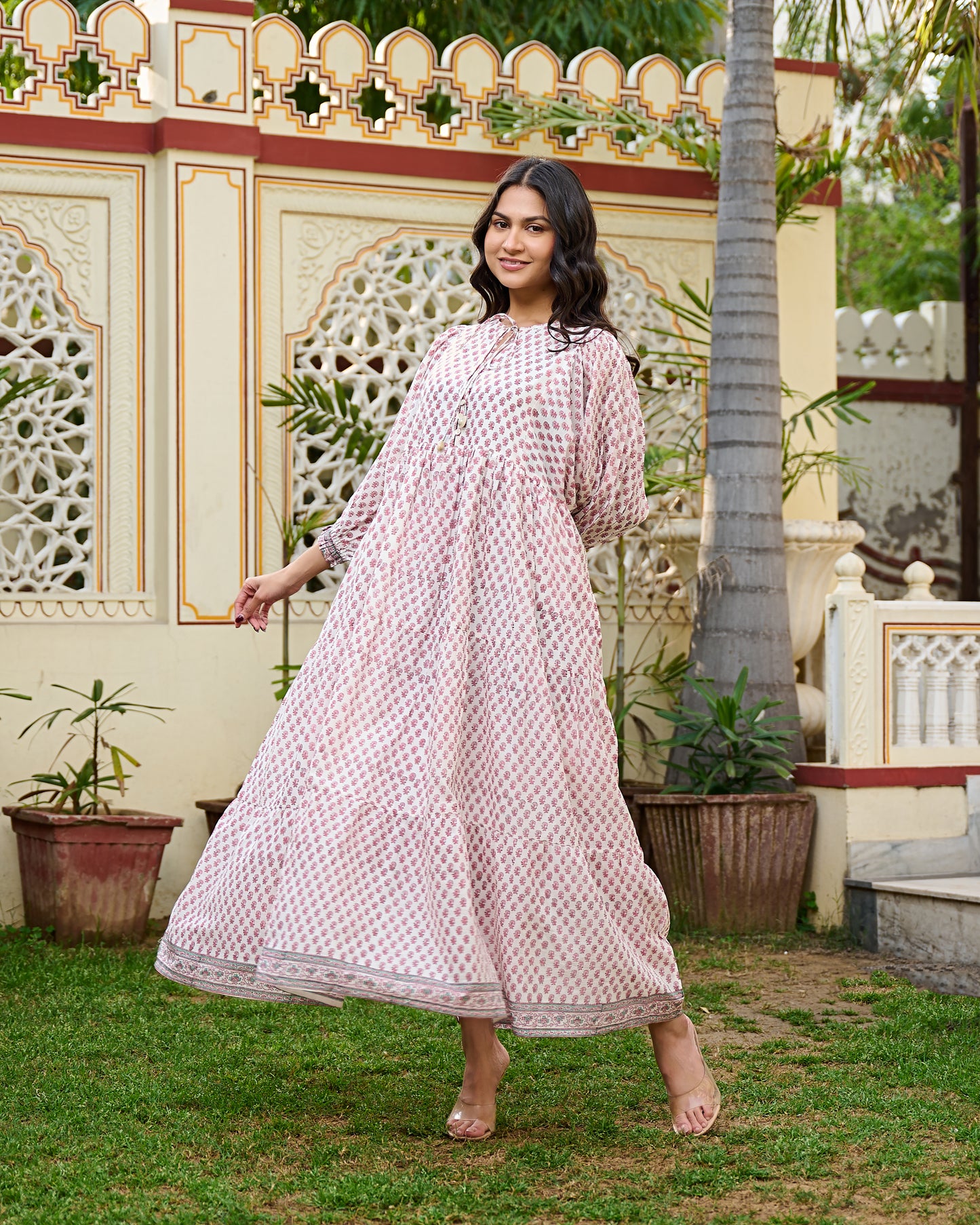 Hand Block Print Cotton Tiered Maxi Dress Boho Chic Dress with 3/4 Sleeves