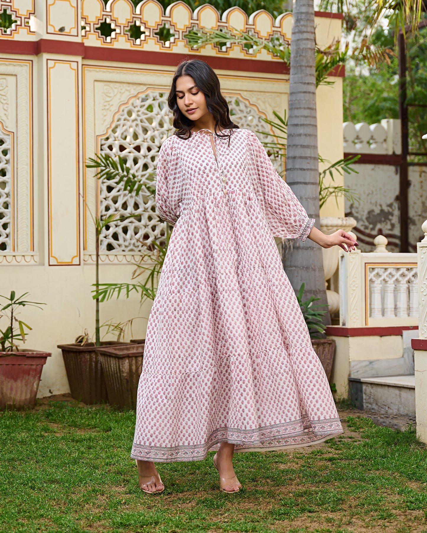 Hand Block Print Cotton Tiered Maxi Dress Boho Chic Dress with 3/4 Sleeves