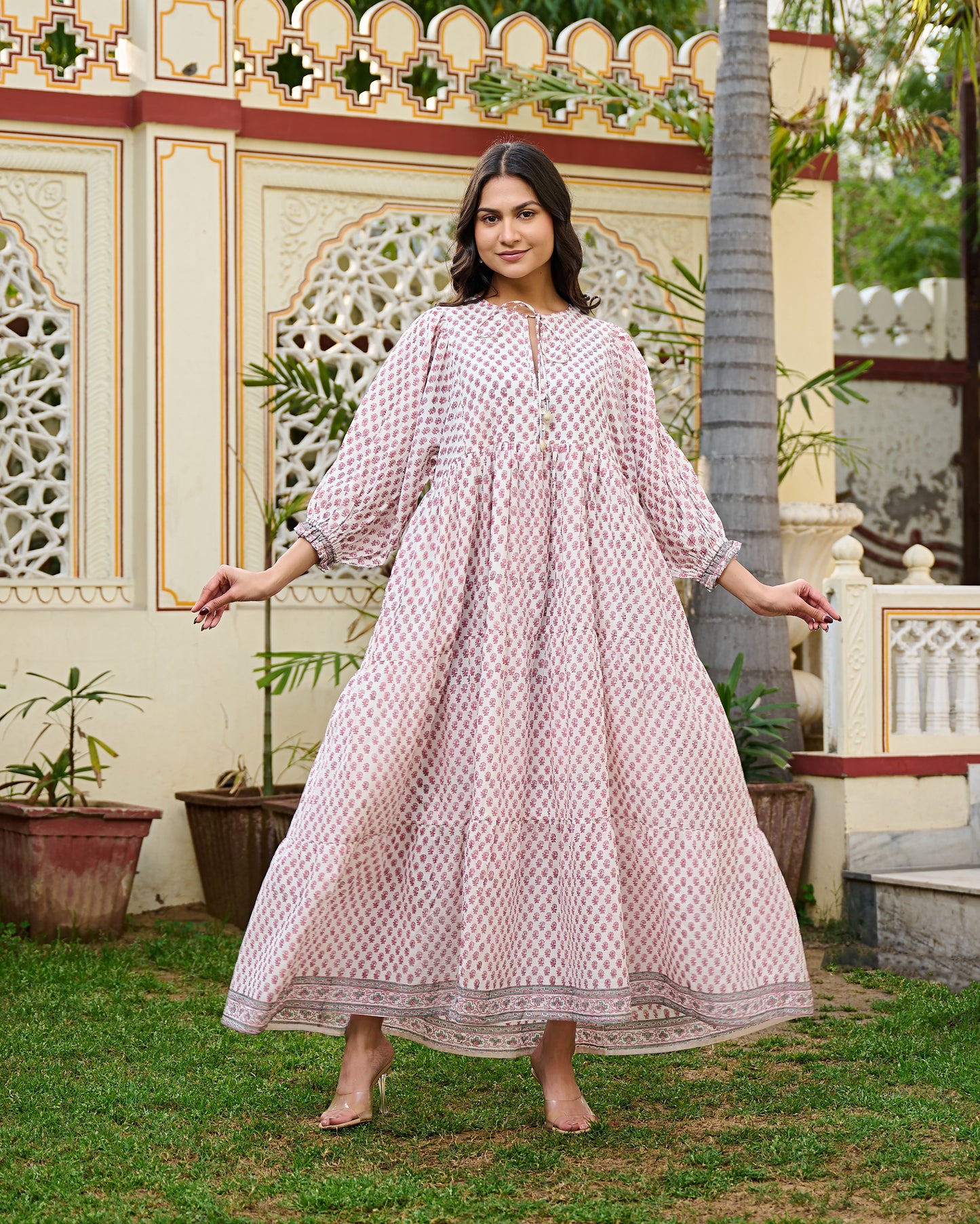 Hand Block Print Cotton Tiered Maxi Dress Boho Chic Dress with 3/4 Sleeves