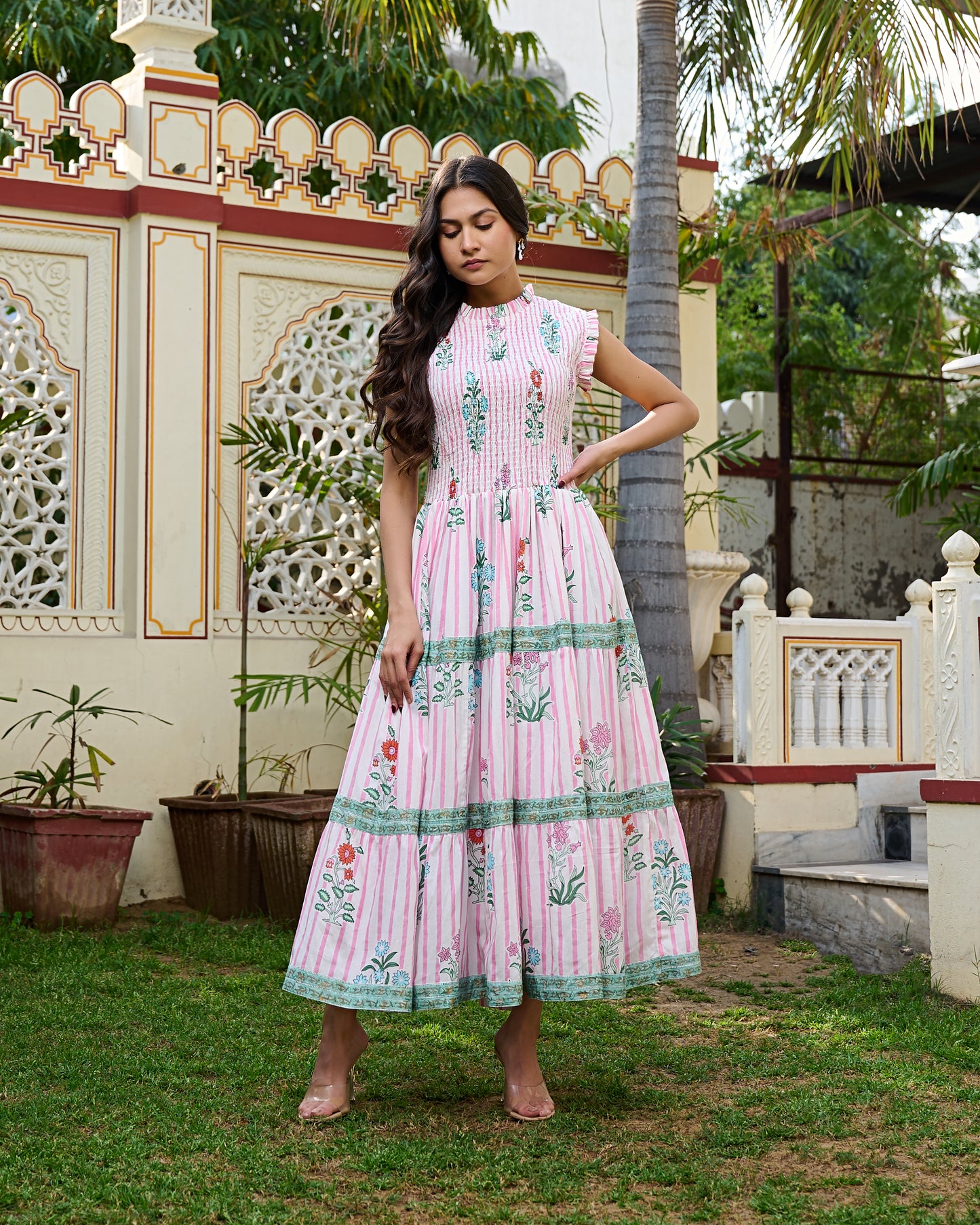 Floral Hand Block Print Cotton Maxi Dress Sleeveless Tiered Dress