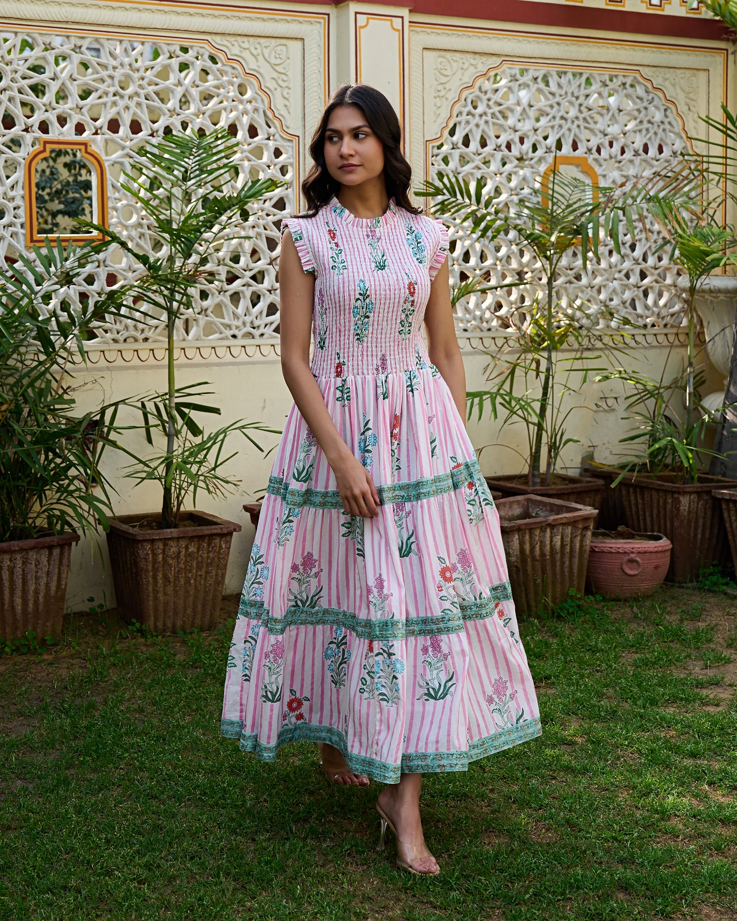 Floral Hand Block Print Cotton Maxi Dress Sleeveless Tiered Dress