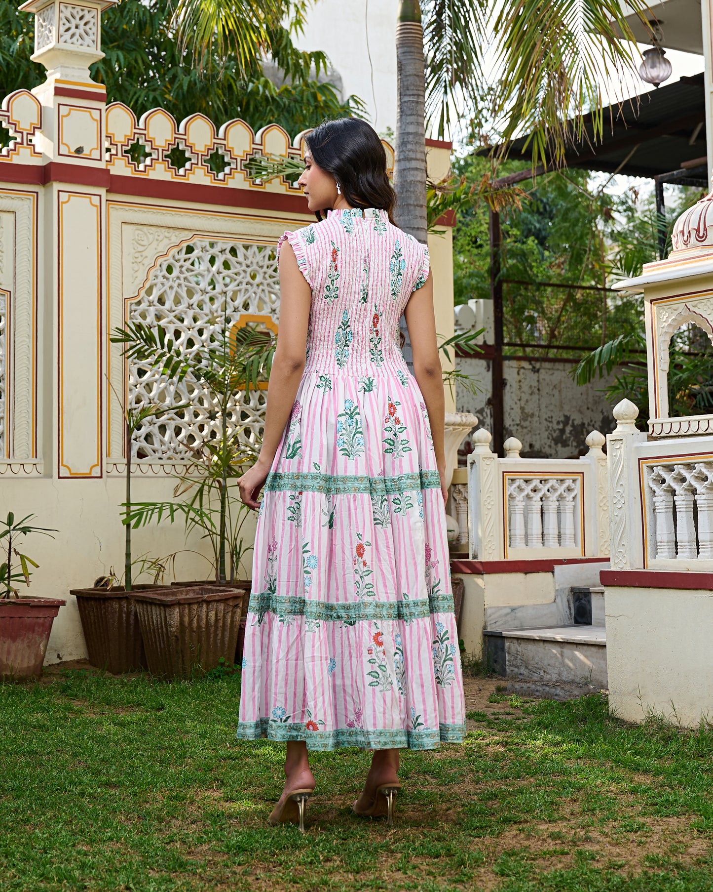 Floral Hand Block Print Cotton Maxi Dress Sleeveless Tiered Dress