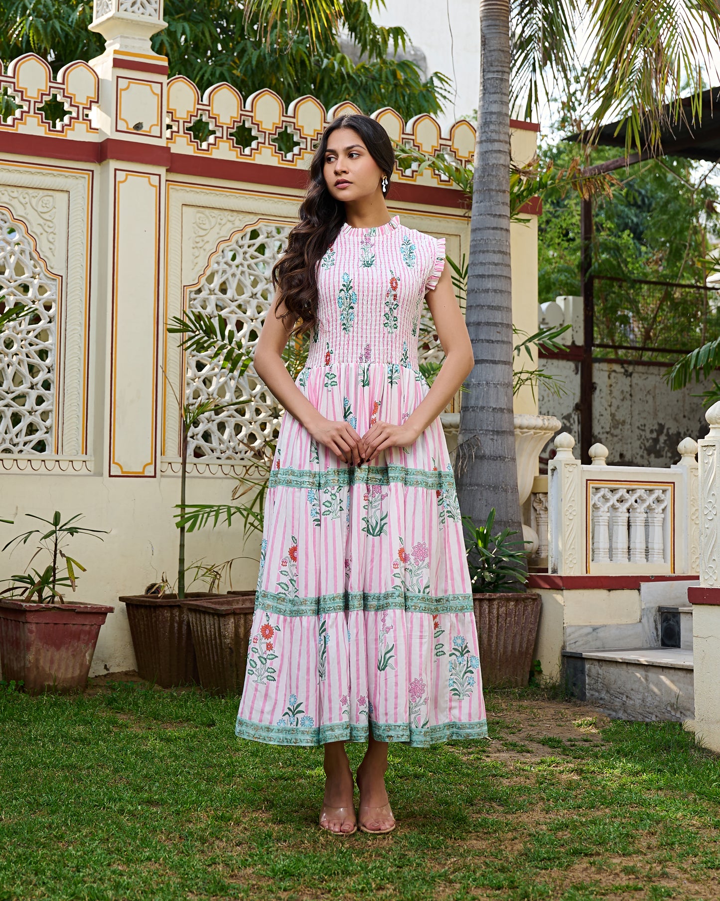 Floral Hand Block Print Cotton Maxi Dress Sleeveless Tiered Dress
