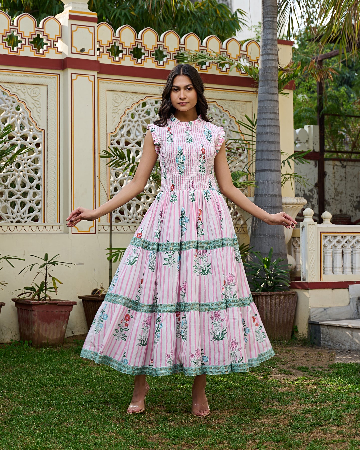 Floral Hand Block Print Cotton Maxi Dress Sleeveless Tiered Dress