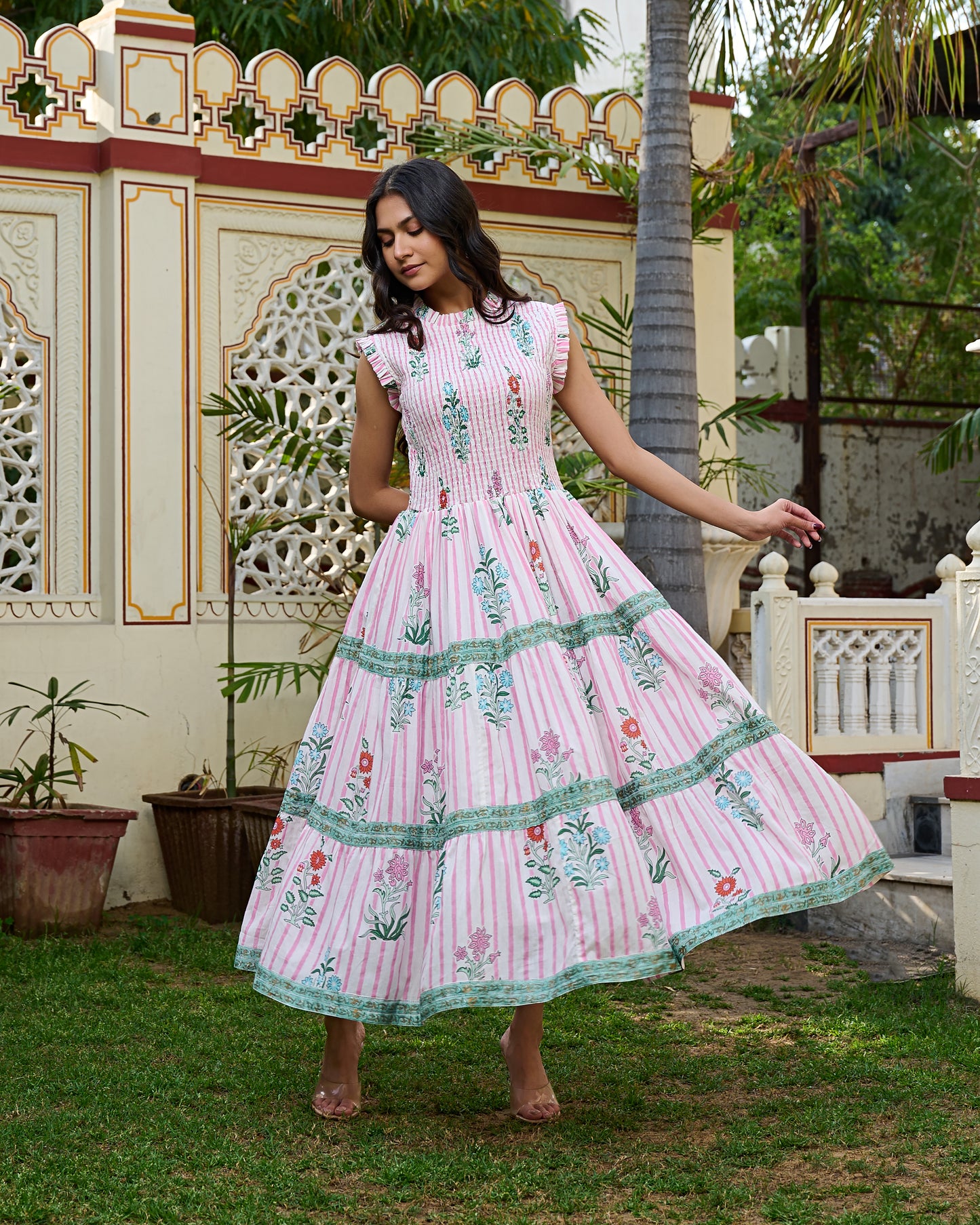 Floral Hand Block Print Cotton Maxi Dress Sleeveless Tiered Dress