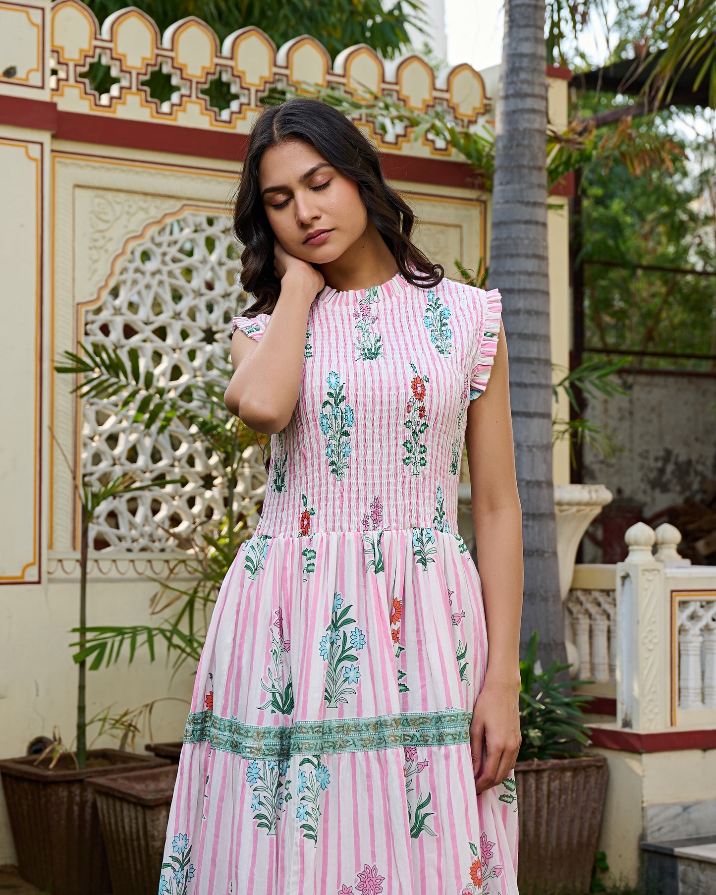 Floral Hand Block Print Cotton Maxi Dress Sleeveless Tiered Dress