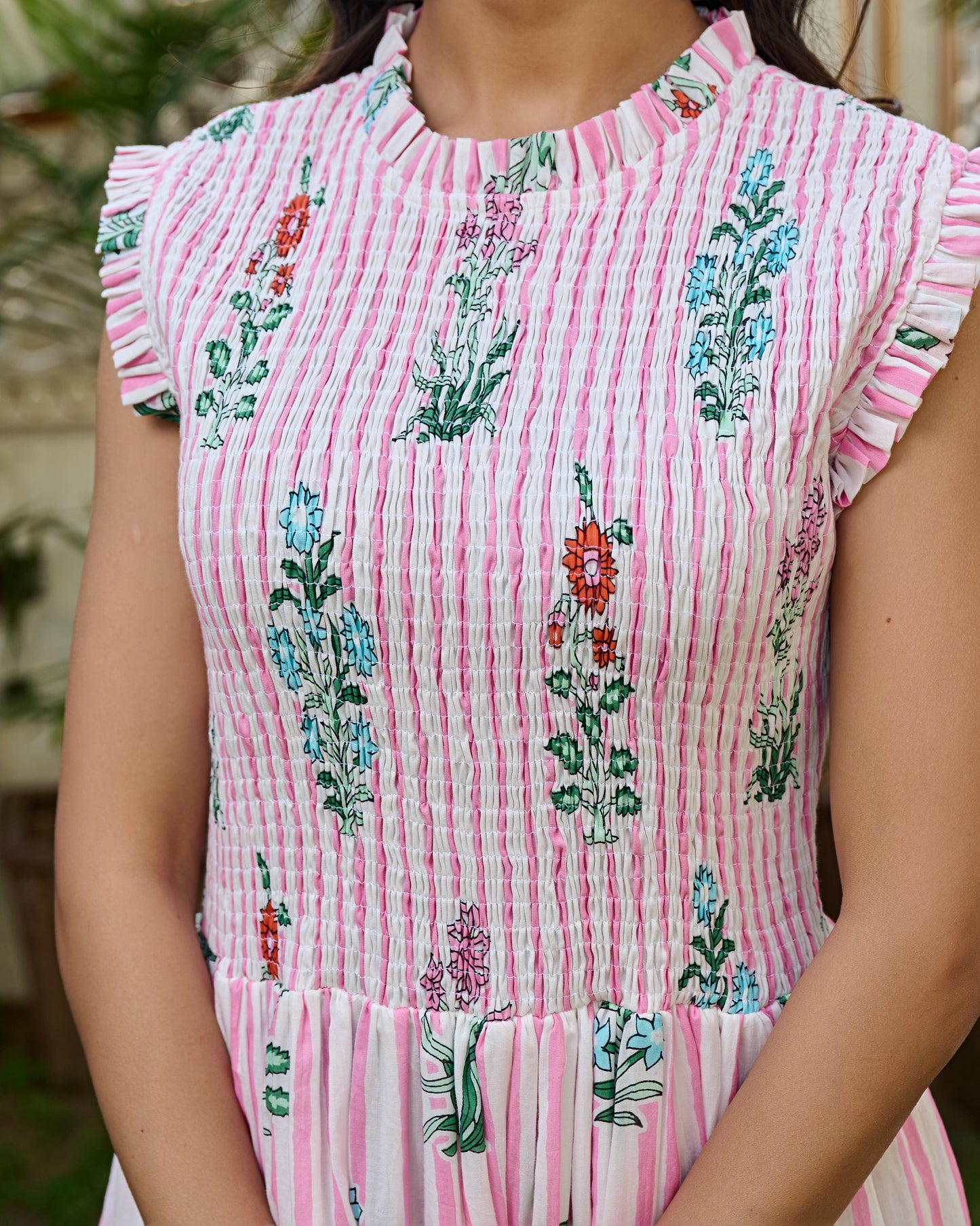 Floral Hand Block Print Cotton Maxi Dress Sleeveless Tiered Dress