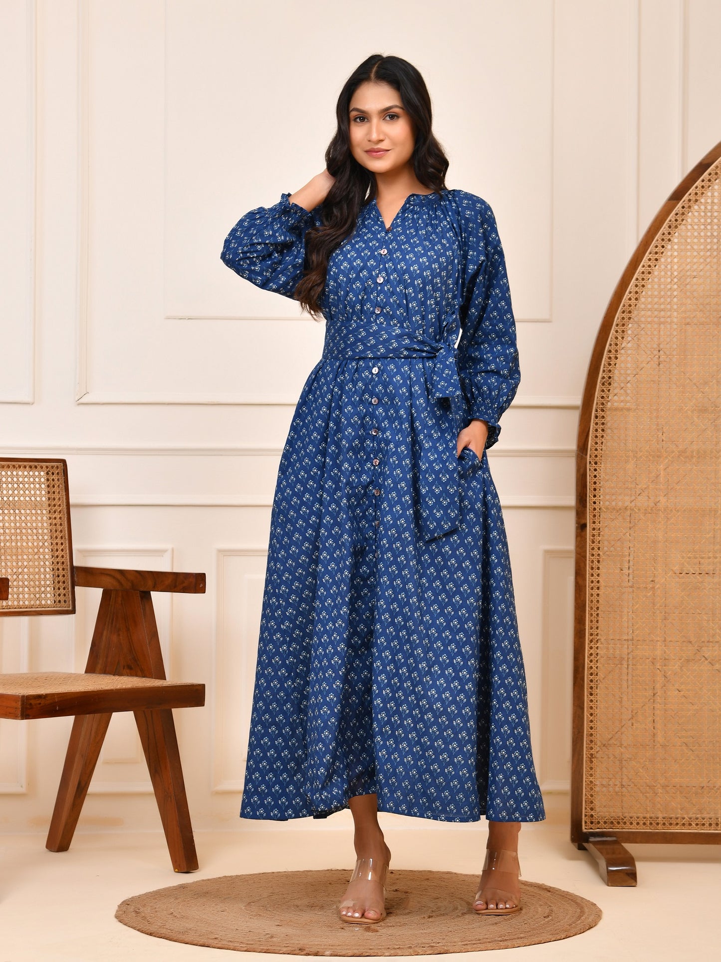 Indigo Hand Block Print Cotton Maxi Dress | Full Sleeve Button-Down with Tie-Up Belt| Indigo Maxi
