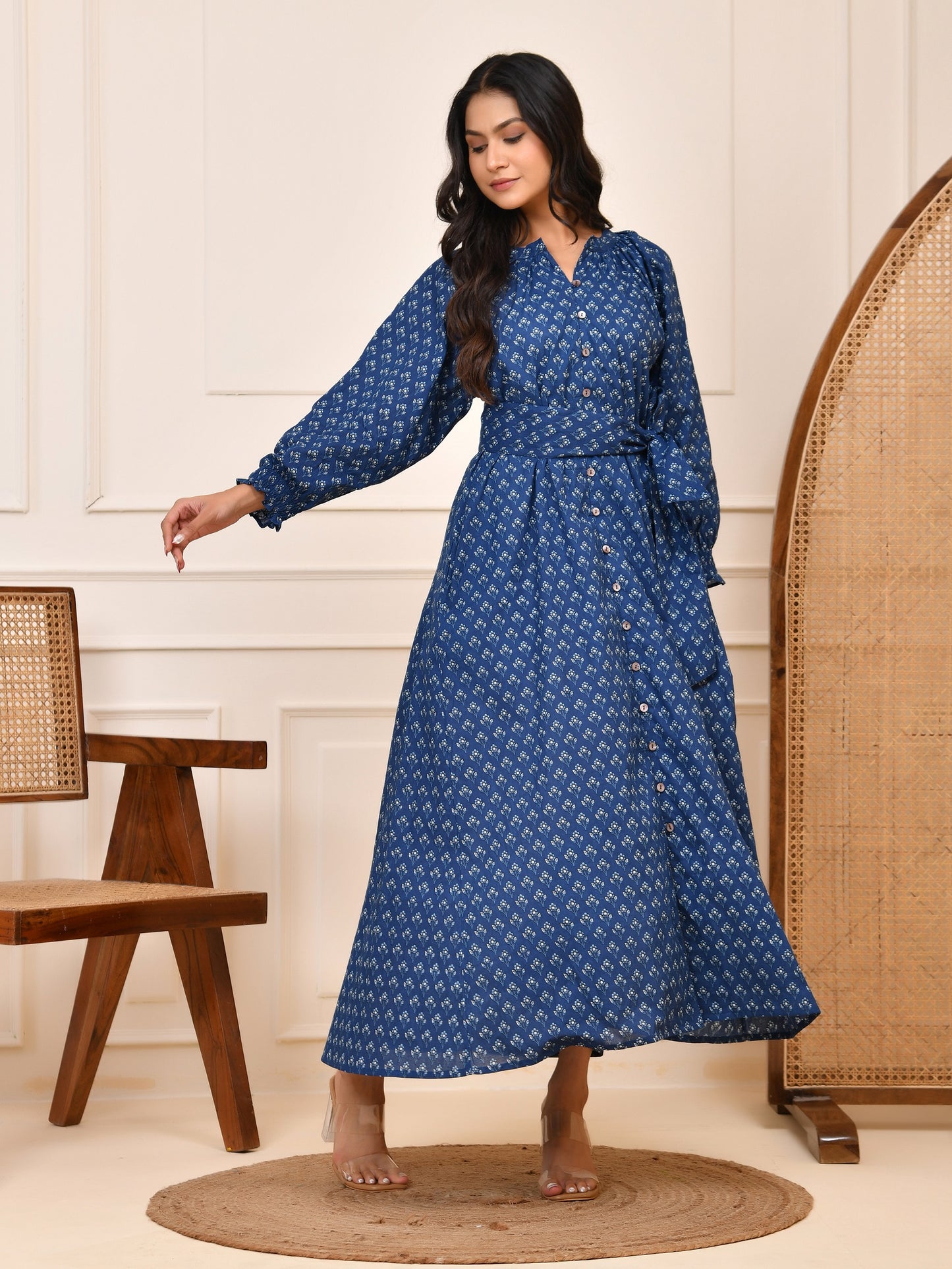 Indigo Hand Block Print Cotton Maxi Dress | Full Sleeve Button-Down with Tie-Up Belt| Indigo Maxi