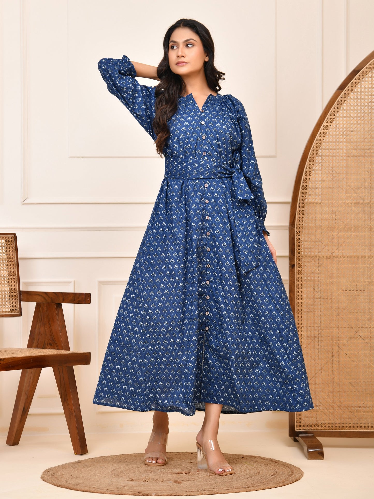 Indigo Hand Block Print Cotton Maxi Dress | Full Sleeve Button-Down with Tie-Up Belt| Indigo Maxi