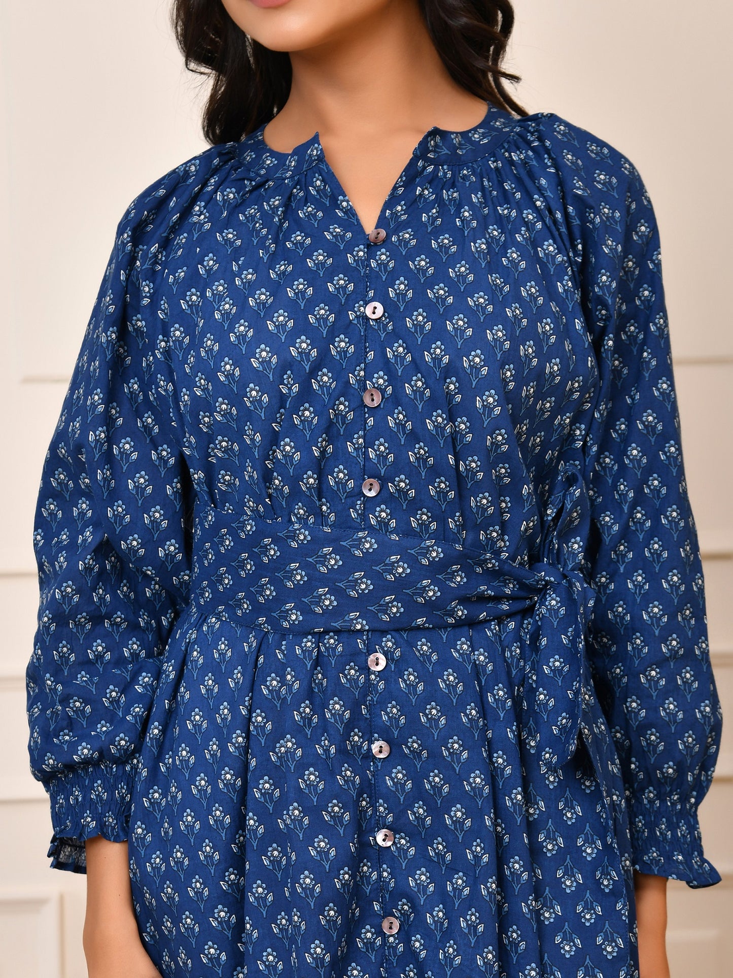 Indigo Hand Block Print Cotton Maxi Dress | Full Sleeve Button-Down with Tie-Up Belt| Indigo Maxi
