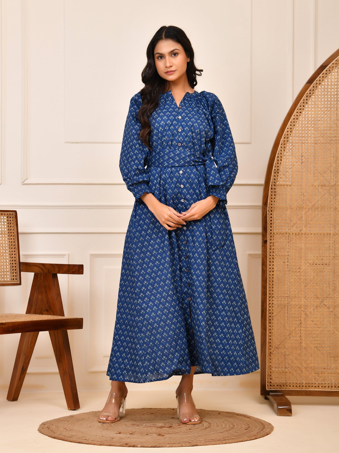 Indigo Hand Block Print Cotton Maxi Dress | Full Sleeve Button-Down with Tie-Up Belt| Indigo Maxi
