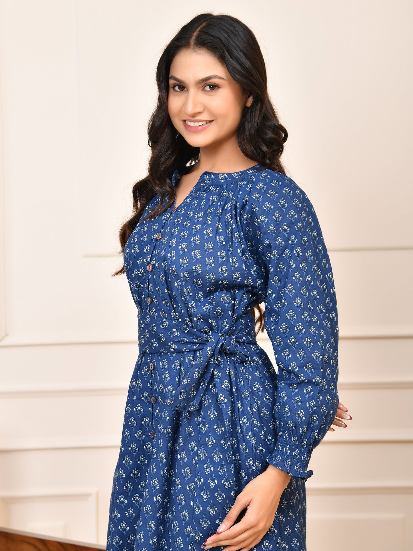 Indigo Hand Block Print Cotton Maxi Dress | Full Sleeve Button-Down with Tie-Up Belt| Indigo Maxi