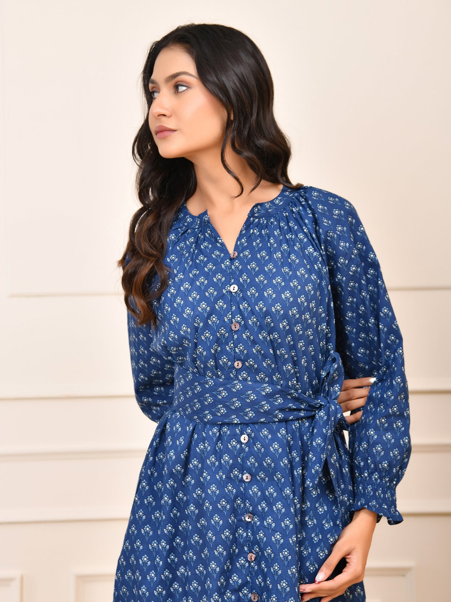 Indigo Hand Block Print Cotton Maxi Dress | Full Sleeve Button-Down with Tie-Up Belt| Indigo Maxi