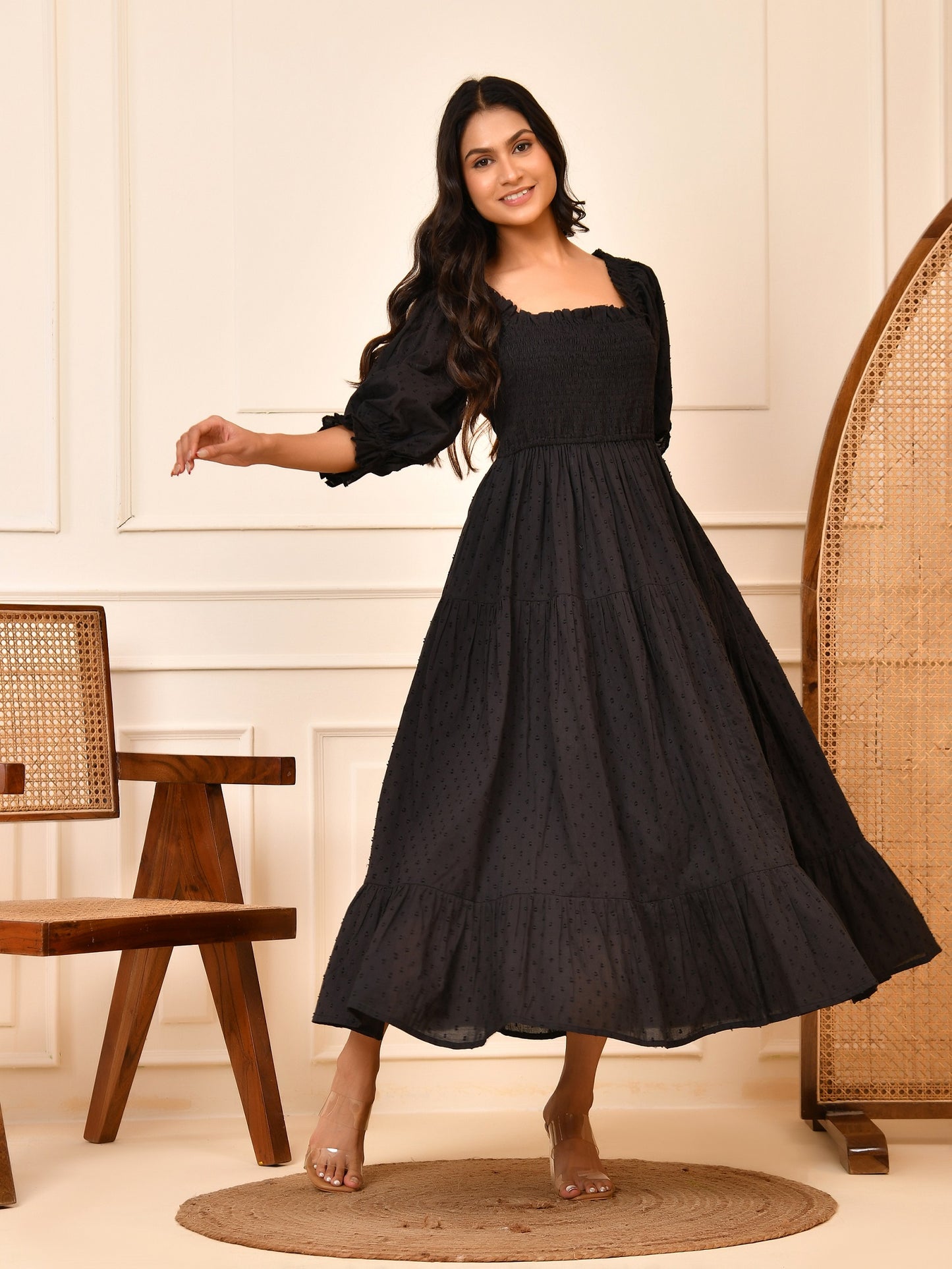 Black Cotton Dobby Midi Dress – Smocked Bodice & Puff Sleeves Cara Maxi