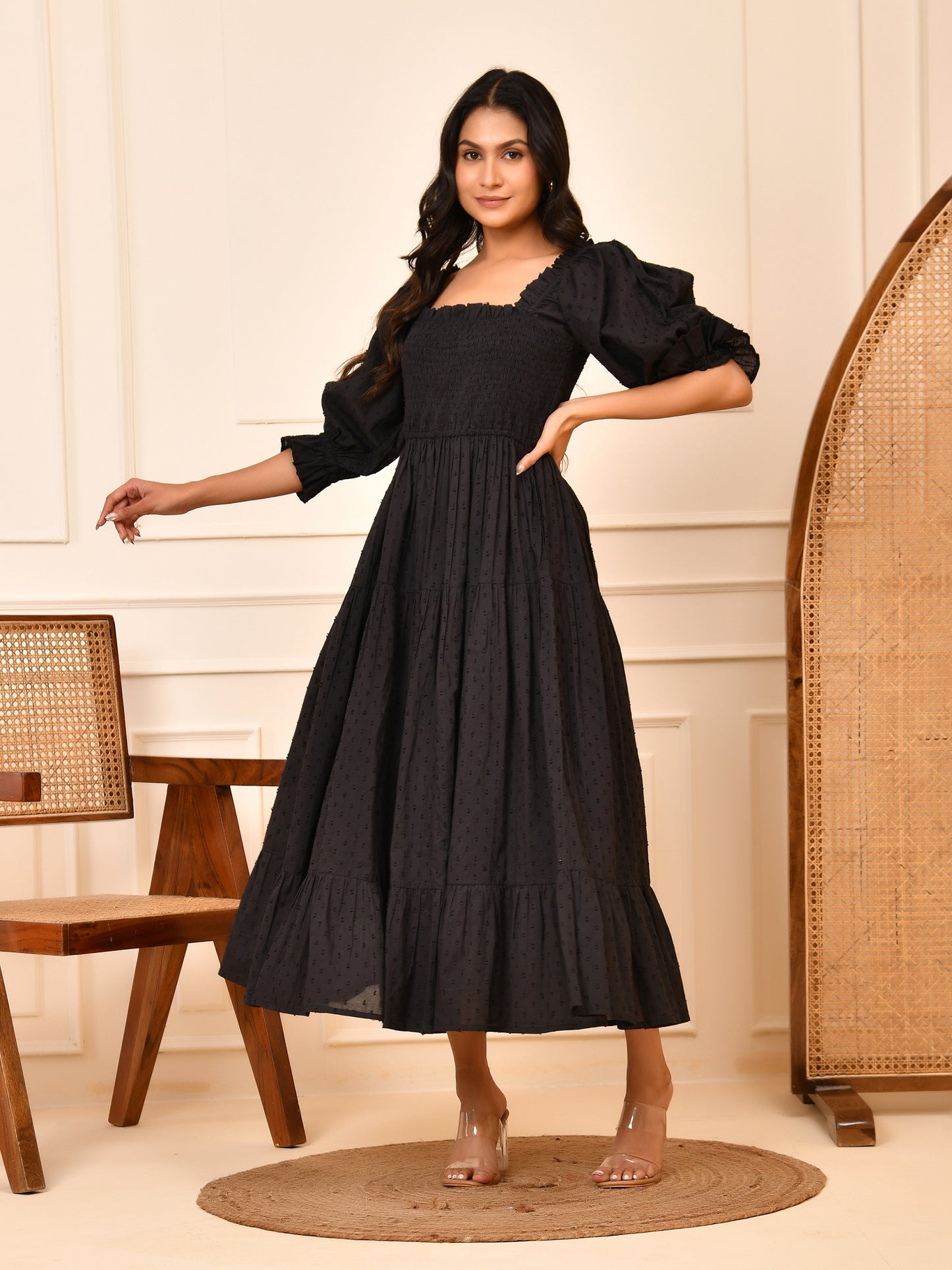 Black Cotton Dobby Midi Dress – Smocked Bodice & Puff Sleeves Cara Maxi