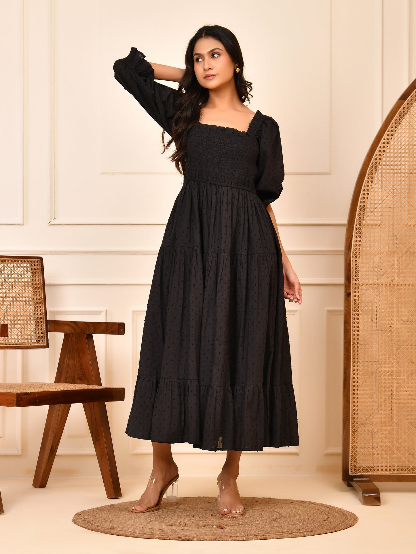 Black Cotton Dobby Midi Dress – Smocked Bodice & Puff Sleeves Cara Maxi