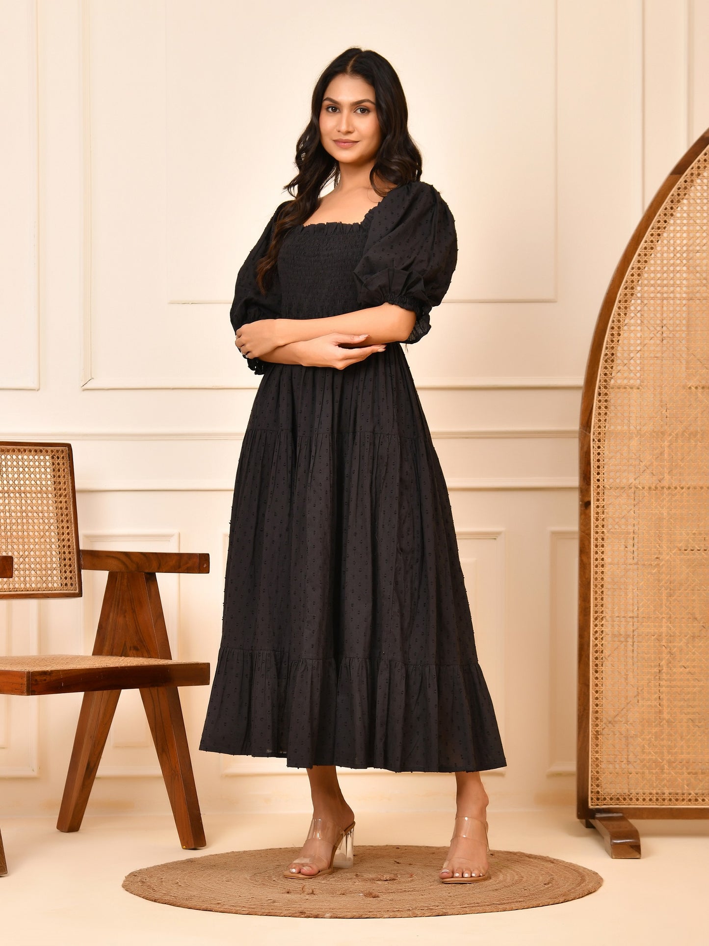 Black Cotton Dobby Midi Dress – Smocked Bodice & Puff Sleeves Cara Maxi