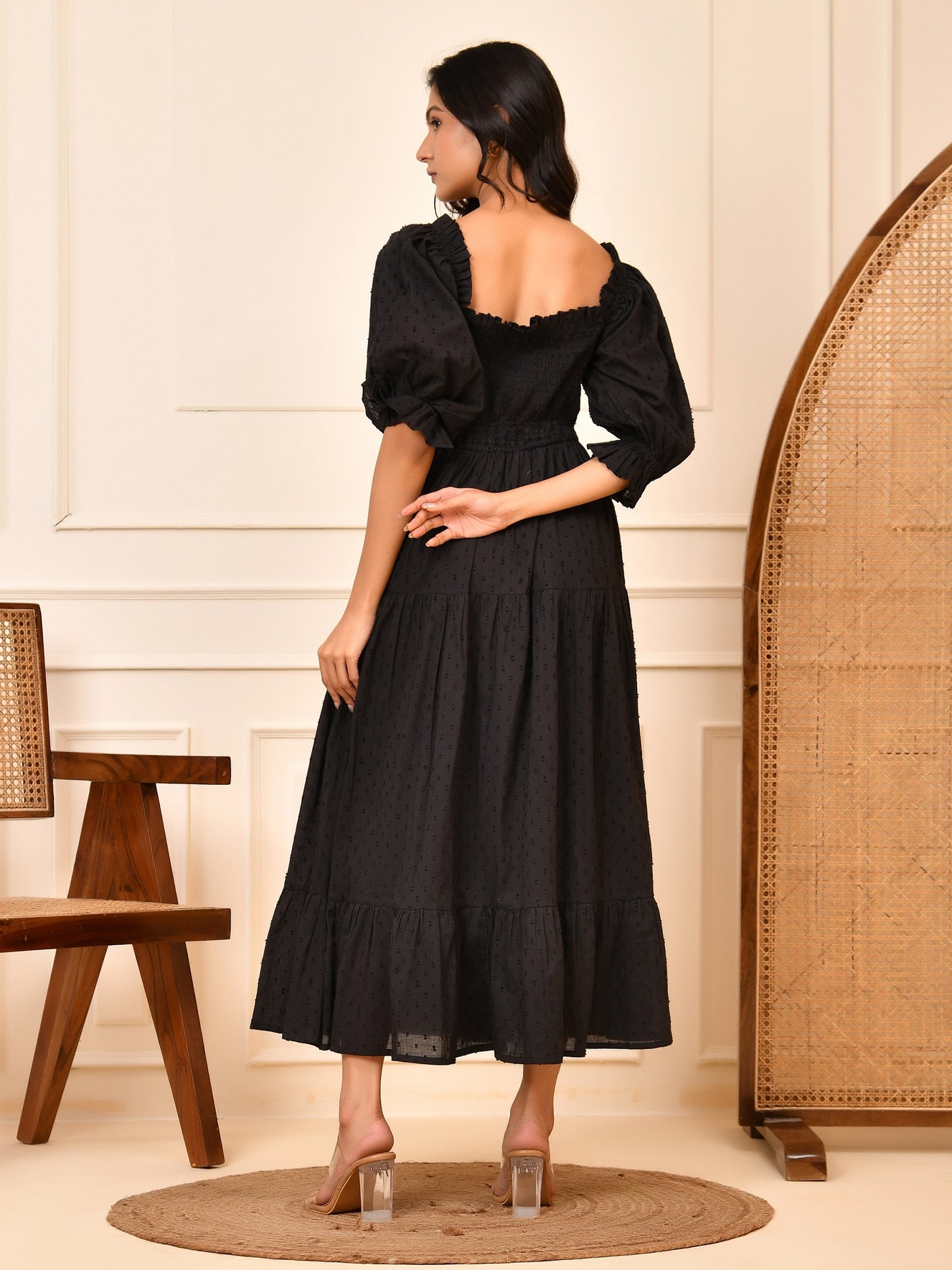 Black Cotton Dobby Midi Dress – Smocked Bodice & Puff Sleeves Cara Maxi