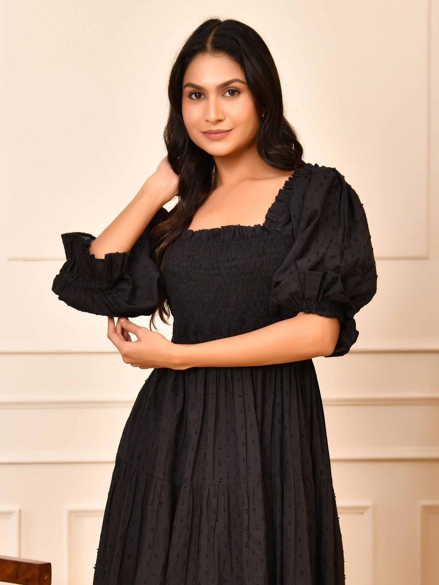 Black Cotton Dobby Midi Dress – Smocked Bodice & Puff Sleeves Cara Maxi