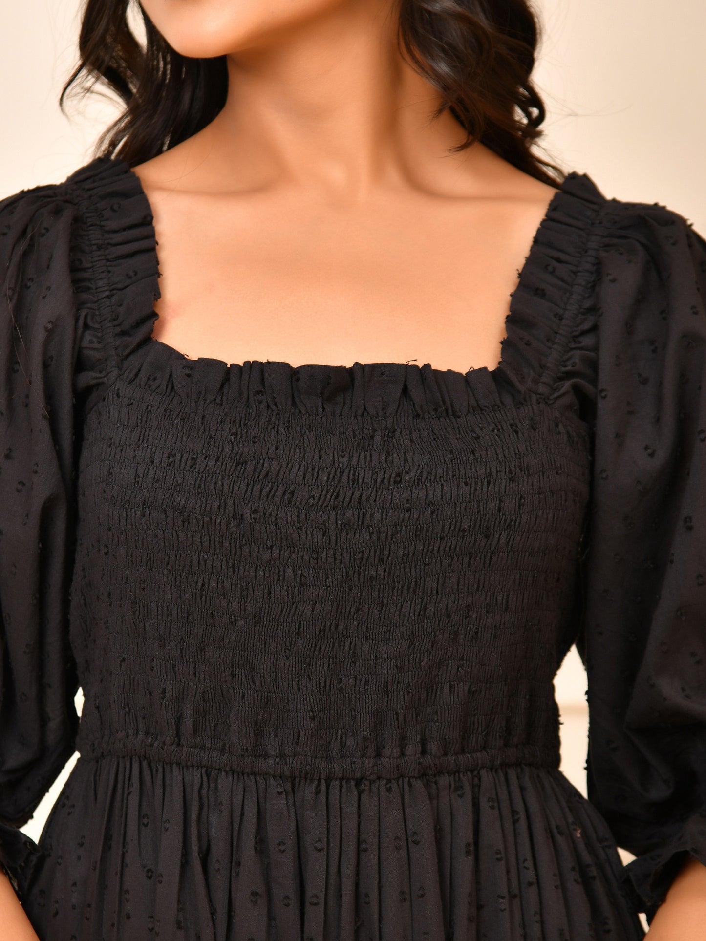 Black Cotton Dobby Midi Dress – Smocked Bodice & Puff Sleeves Cara Maxi