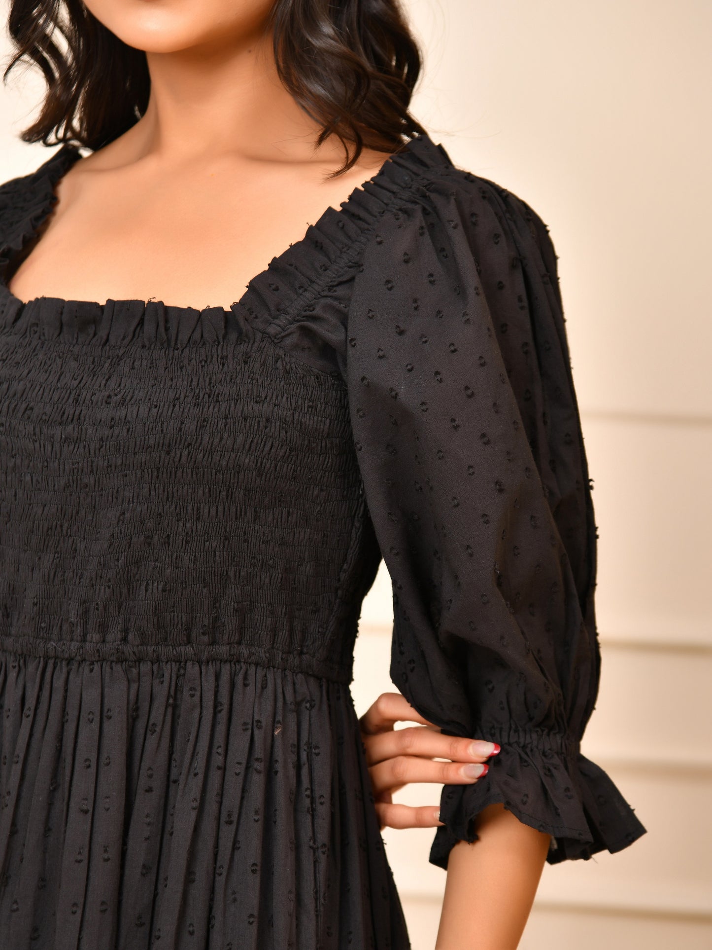 Black Cotton Dobby Midi Dress – Smocked Bodice & Puff Sleeves Cara Maxi
