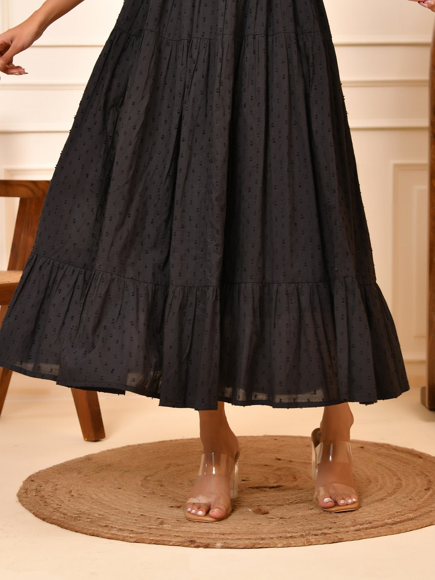 Black Cotton Dobby Midi Dress – Smocked Bodice & Puff Sleeves Cara Maxi