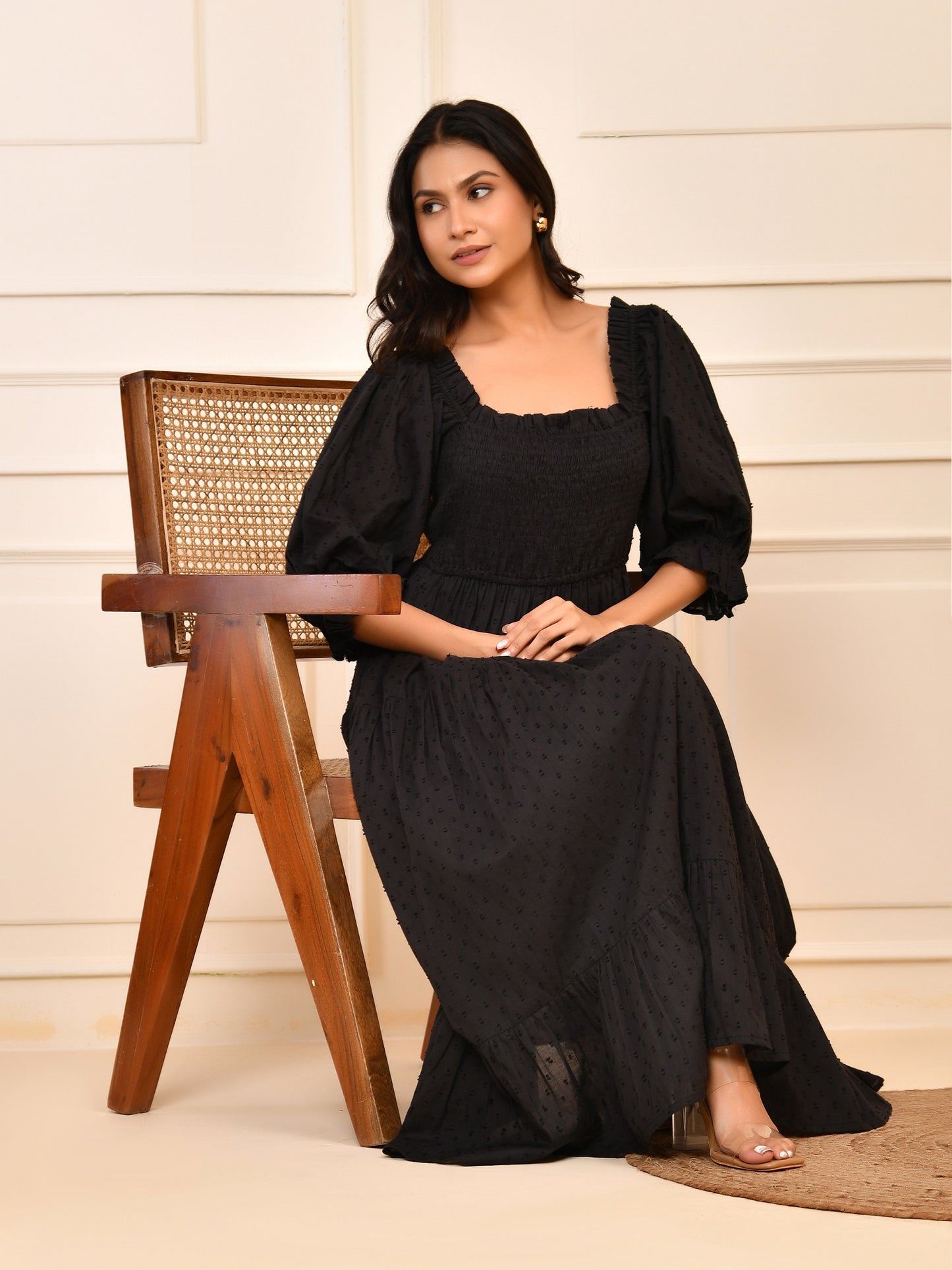Black Cotton Dobby Midi Dress – Smocked Bodice & Puff Sleeves Cara Maxi