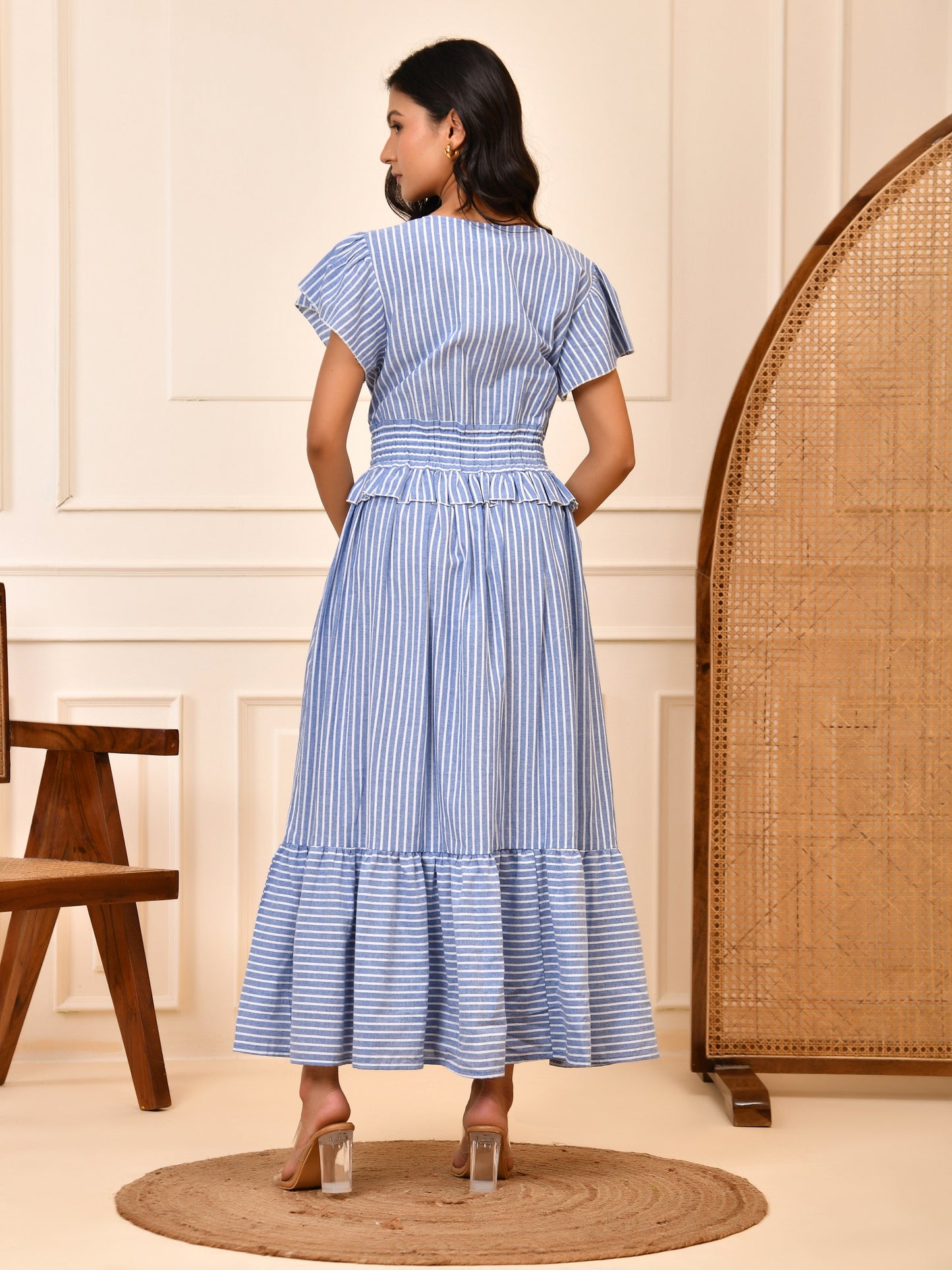 Blue & White Stripe Cotton Maxi Dress |  Smocked Waist V-Neck Tiered Dress