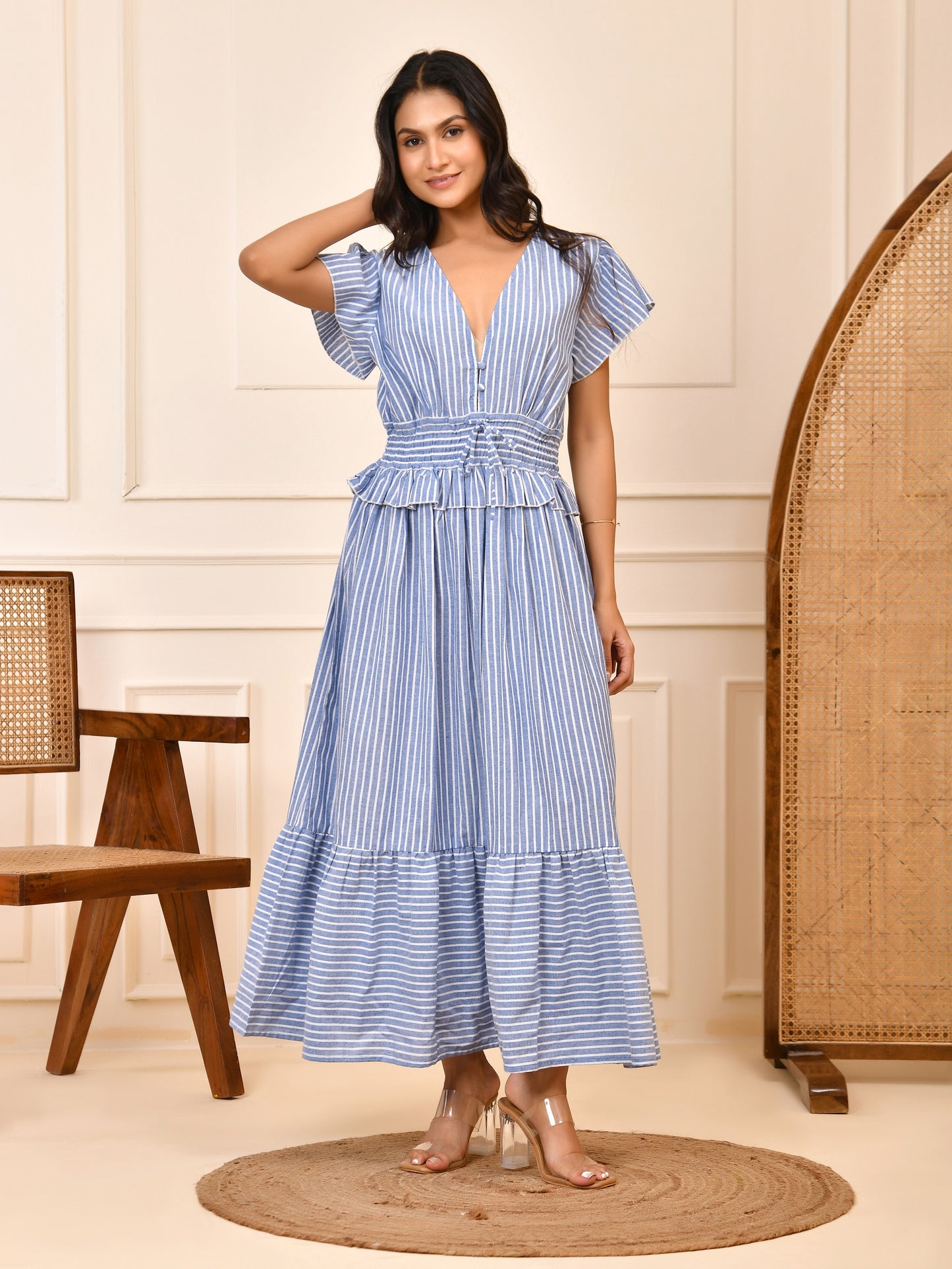 Blue & White Stripe Cotton Maxi Dress |  Smocked Waist V-Neck Tiered Dress