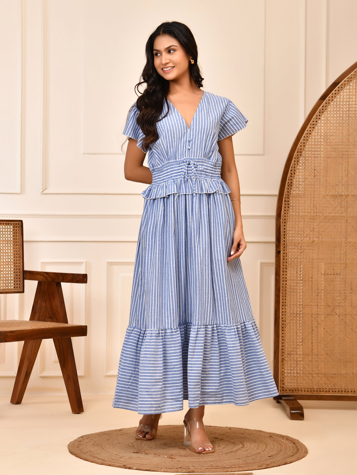 Blue & White Stripe Cotton Maxi Dress |  Smocked Waist V-Neck Tiered Dress