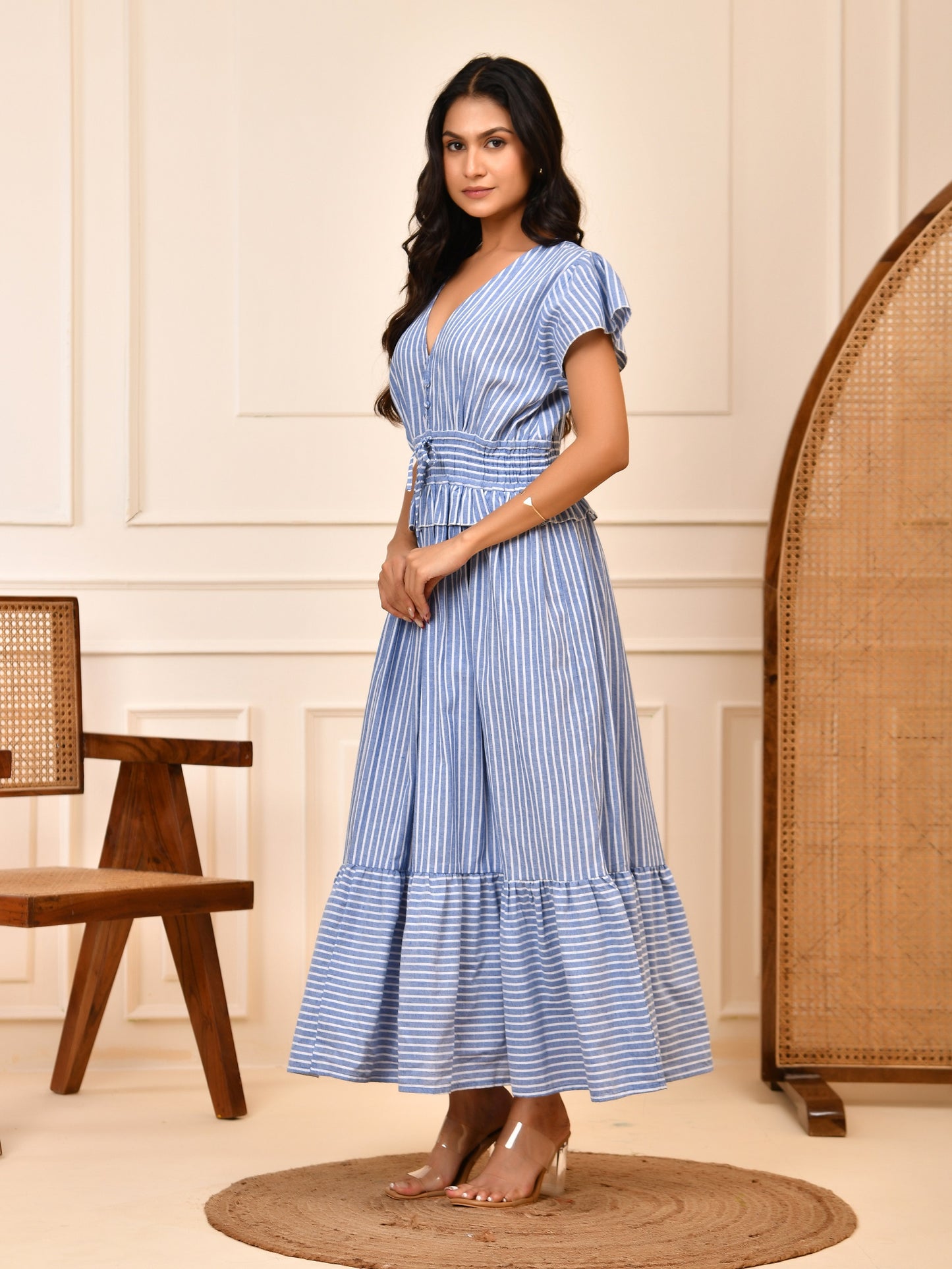 Blue & White Stripe Cotton Maxi Dress |  Smocked Waist V-Neck Tiered Dress