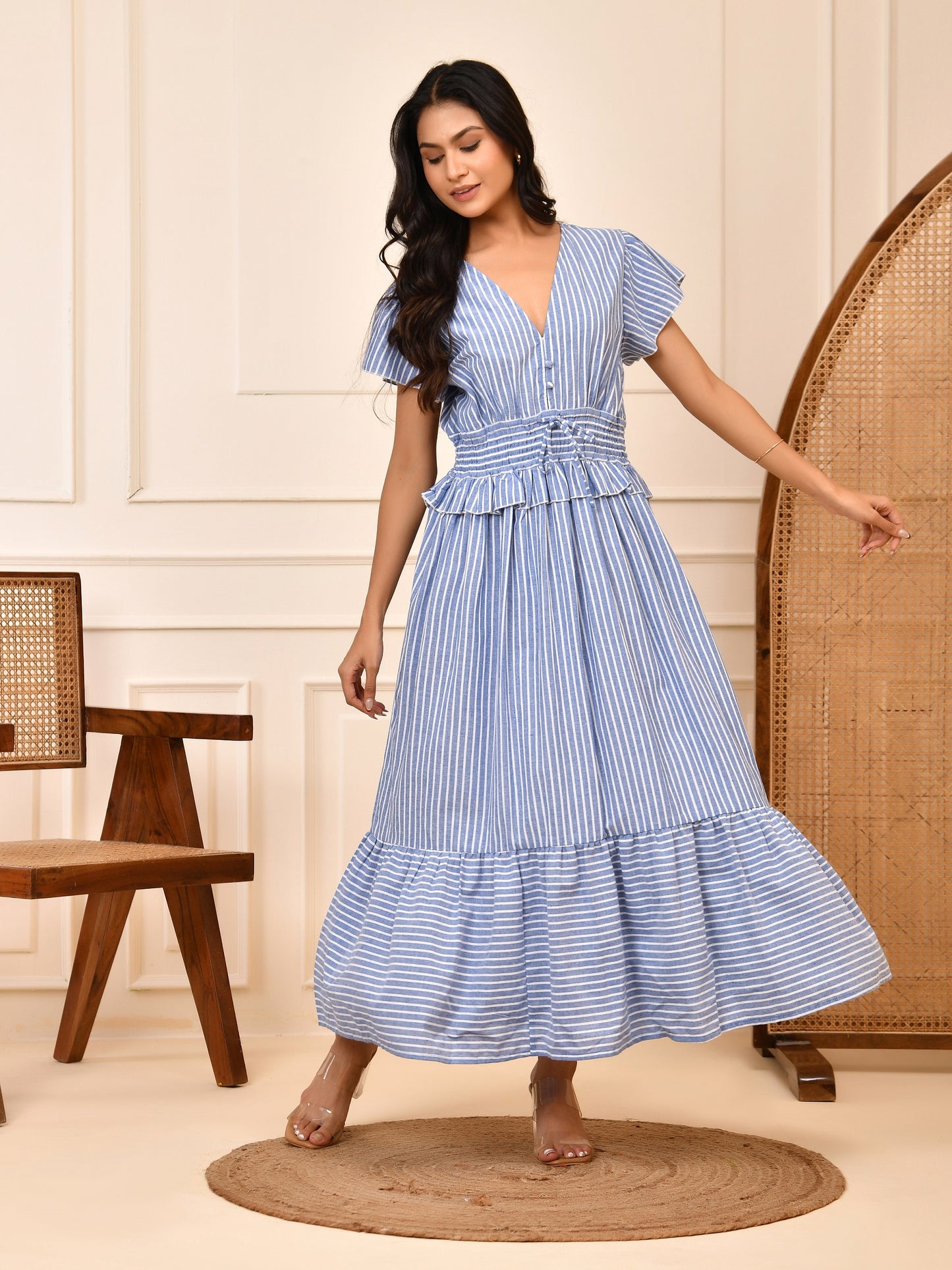 Blue & White Stripe Cotton Maxi Dress |  Smocked Waist V-Neck Tiered Dress