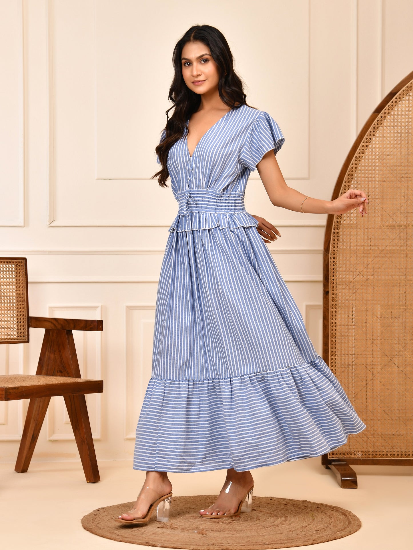 Blue & White Stripe Cotton Maxi Dress |  Smocked Waist V-Neck Tiered Dress