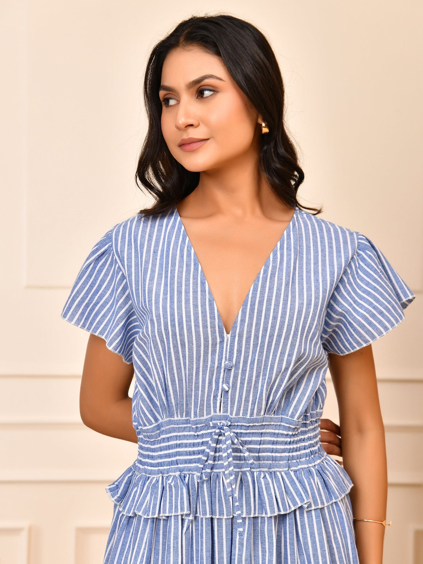 Blue & White Stripe Cotton Maxi Dress |  Smocked Waist V-Neck Tiered Dress