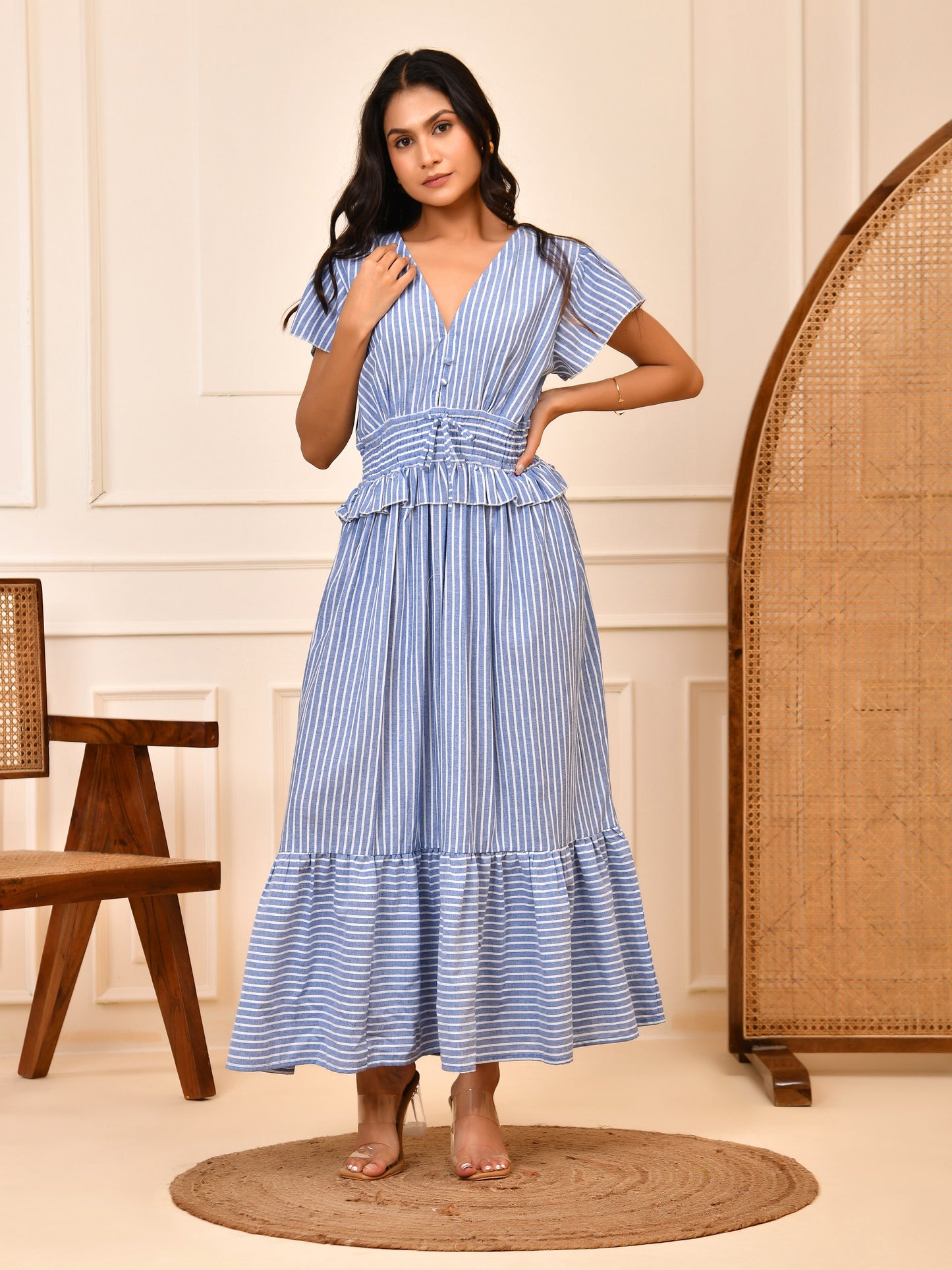 Blue & White Stripe Cotton Maxi Dress |  Smocked Waist V-Neck Tiered Dress