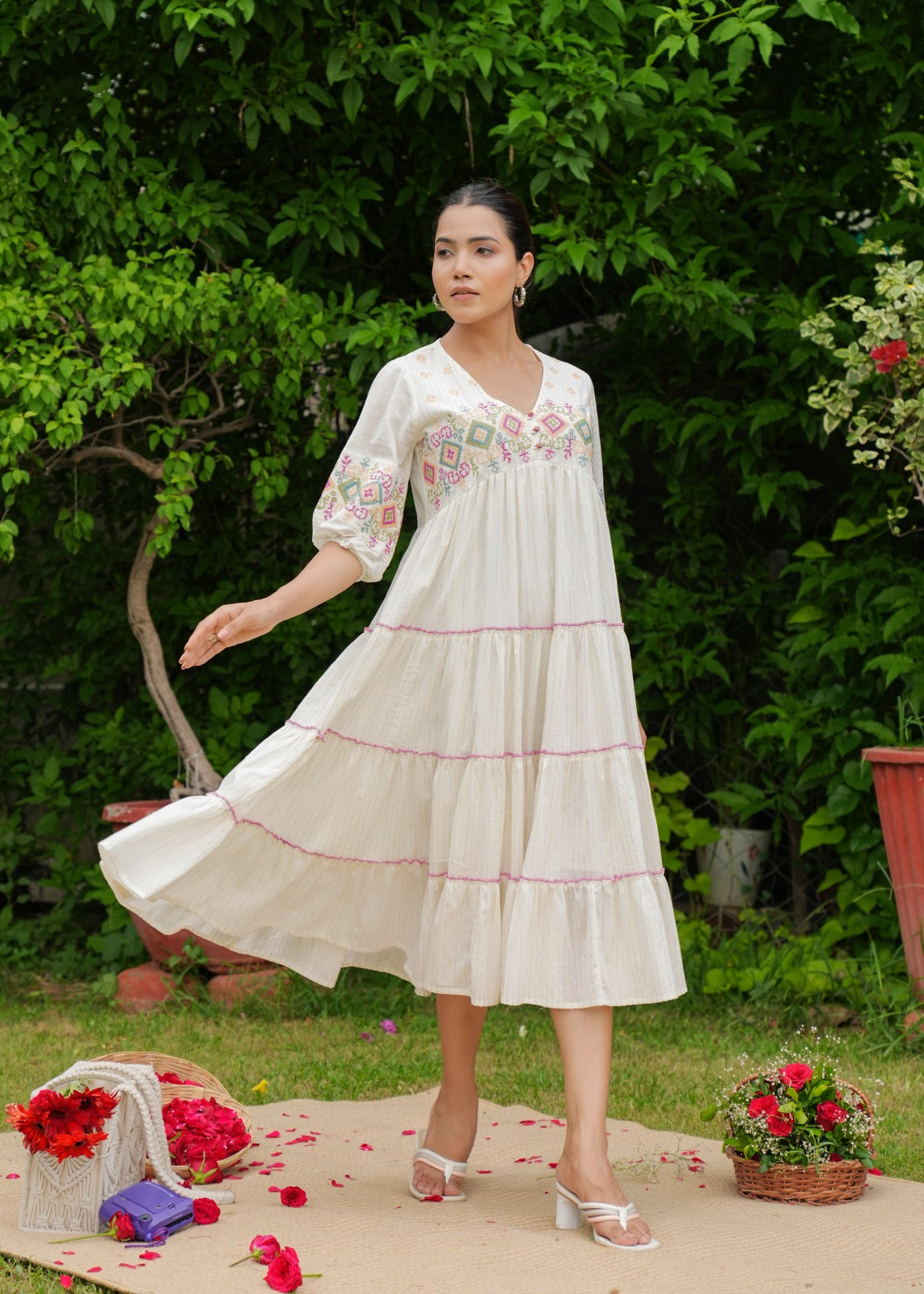 White Cotton Handmade Embroidery V Neck Medium Flare Made in India Midi Dress