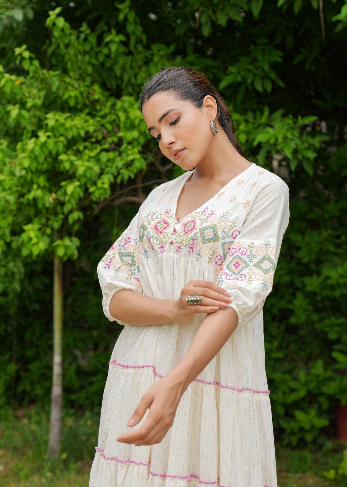 White Cotton Handmade Embroidery V Neck Medium Flare Made in India Midi Dress