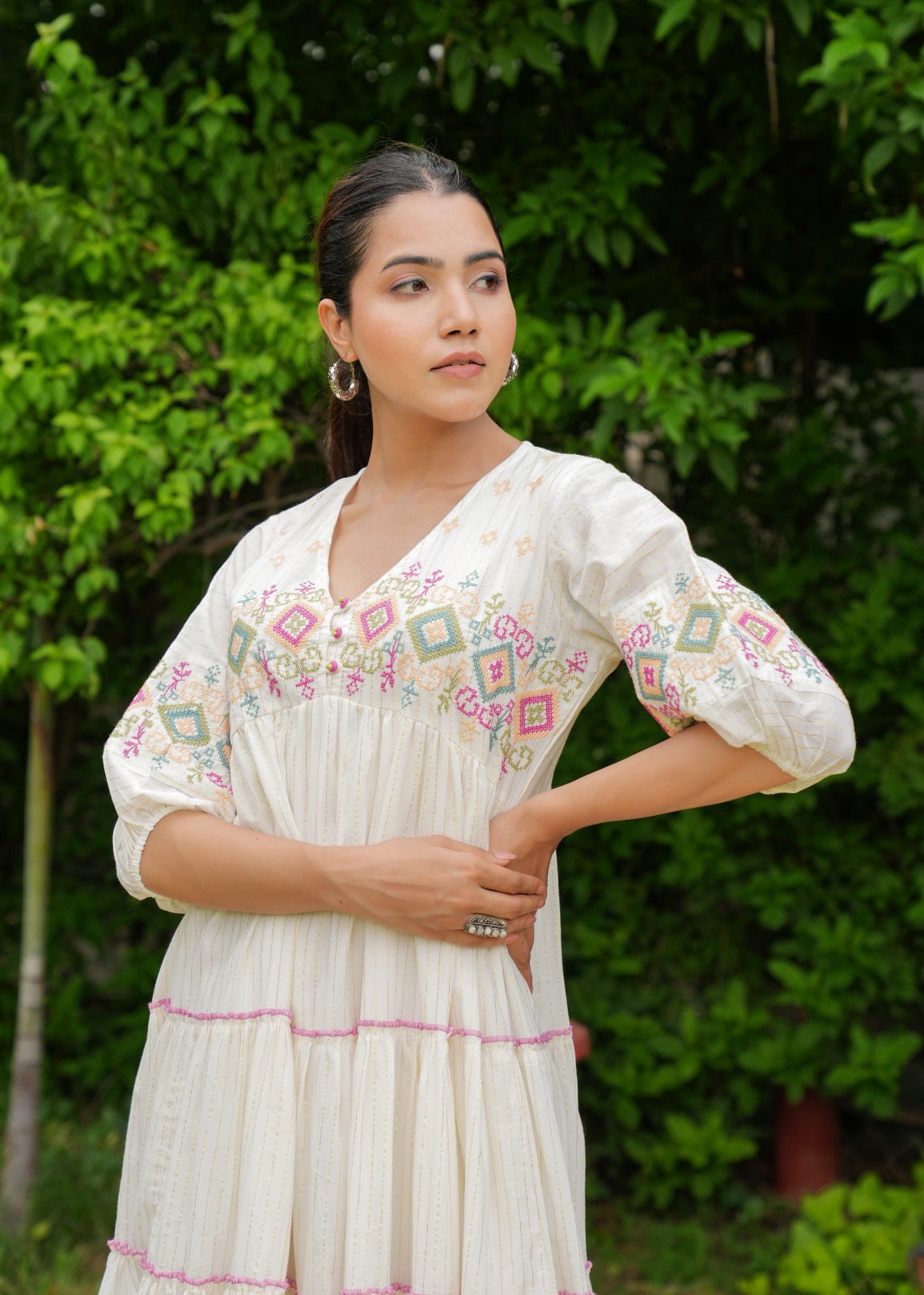 White Cotton Handmade Embroidery V Neck Medium Flare Made in India Midi Dress